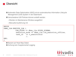 Übersicht
Advanced Compression Option - Entwicklung von 11g zu 12c26 25.09.2015
Automatic Data Optimization (ADO) ist ein automatisches Information Lifecycle
Management (ILM) System in der Datenbank
Verschiedene ILM Policies können erstellt werden
–Werden im Maintenance Window ausgeführt
–Manuelle Ausführung mit
Basiert auf Heat Map Daten
Achtung kein Supplemental Logging
BEGIN
DBMS_ILM.EXECUTE_ILM (
ILM_SCOPE => dbms_ilm.SCOPE_SCHEMA,
execution_mode => dbms_ilm.ilm_execution_offline,
task_id => v_executionid
);
END;
/
 