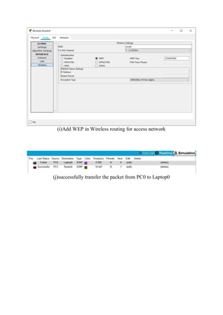 (i)Add WEP in Wireless routing for access network
(j)successfully transfer the packet from PC0 to Laptop0
 