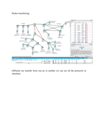 Packet transferring
(f)Packet are transfer from one pc to another we can see all the protocols in
simulator
 