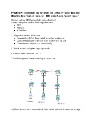Practical 9: Implement the Program for Distance Vector Routing
(Routing Information Protocol – RIP using Cisco Packet Tracer)
Steps of making RIP(Routing Information Protocol)
1.Take all required devices in cisco packet tracer.
 3 PC
 3 Router
 3 Switches
2.Using cable connect all devices
 Connect three PC to three switch according to diagram.
 Connect three router with each other as shown in fig and
 Connect router to switch as shown in fig
3.Give IP address using Desktop->Ip->static
4.In router write command in CLI
5.Eanble the port of router according to connection
(a)Three Routers are connected with three switch and switch connected with pc
 