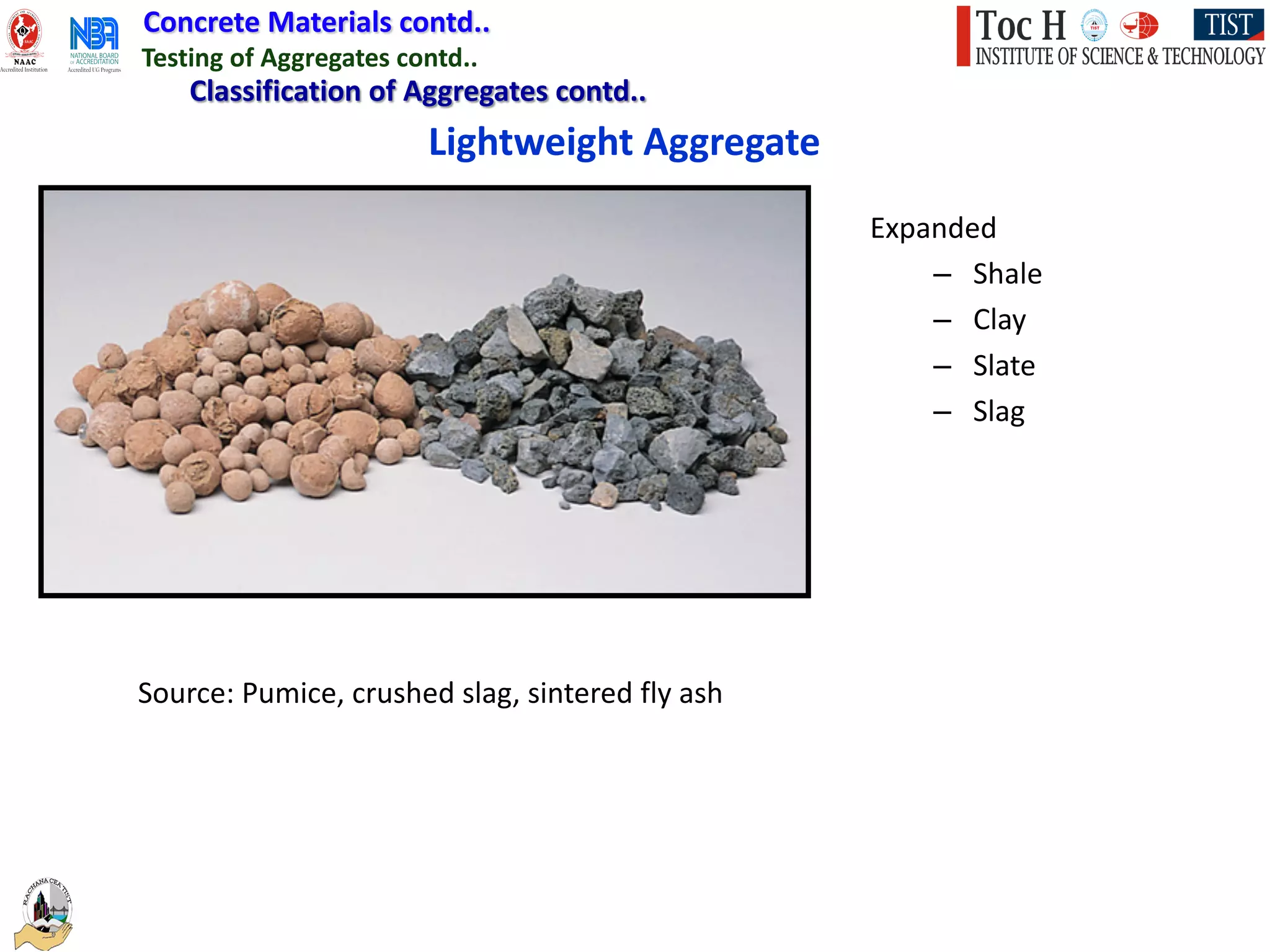Concrete Materials contd..
Testing of Aggregates contd..
Expanded
– Shale
– Clay
– Slate
– Slag
Lightweight Aggregate
Source: Pumice, crushed slag, sintered fly ash
Classification of Aggregates contd..
 
