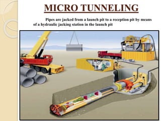 MICRO TUNNELING
Pipes are jacked from a launch pit to a reception pit by means
of a hydraulic jacking station in the launch pit
 