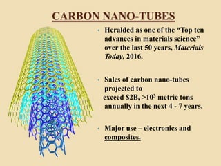 CARBON NANO-TUBES
• Heralded as one of the “Top ten
advances in materials science”
over the last 50 years, Materials
Today, 2016.
• Sales of carbon nano-tubes
projected to
exceed $2B, >103 metric tons
annually in the next 4 - 7 years.
• Major use – electronics and
composites.
 