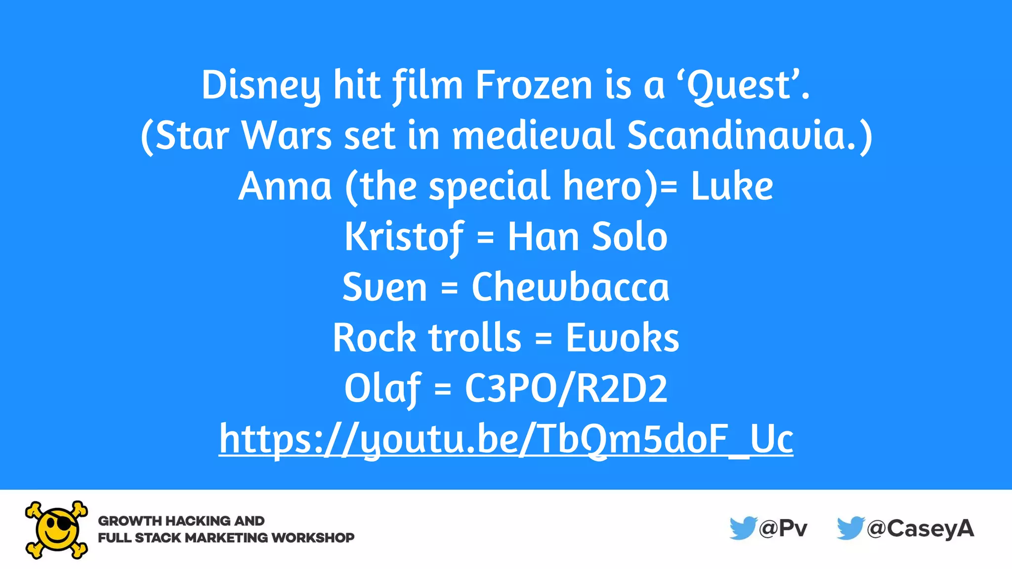 Disney hit film Frozen is a ‘Quest’.
(Star Wars set in medieval Scandinavia.)
Anna (the special hero)= Luke
Kristof = Han Solo
Sven = Chewbacca
Rock trolls = Ewoks
Olaf = C3PO/R2D2
https://youtu.be/TbQm5doF_Uc
 