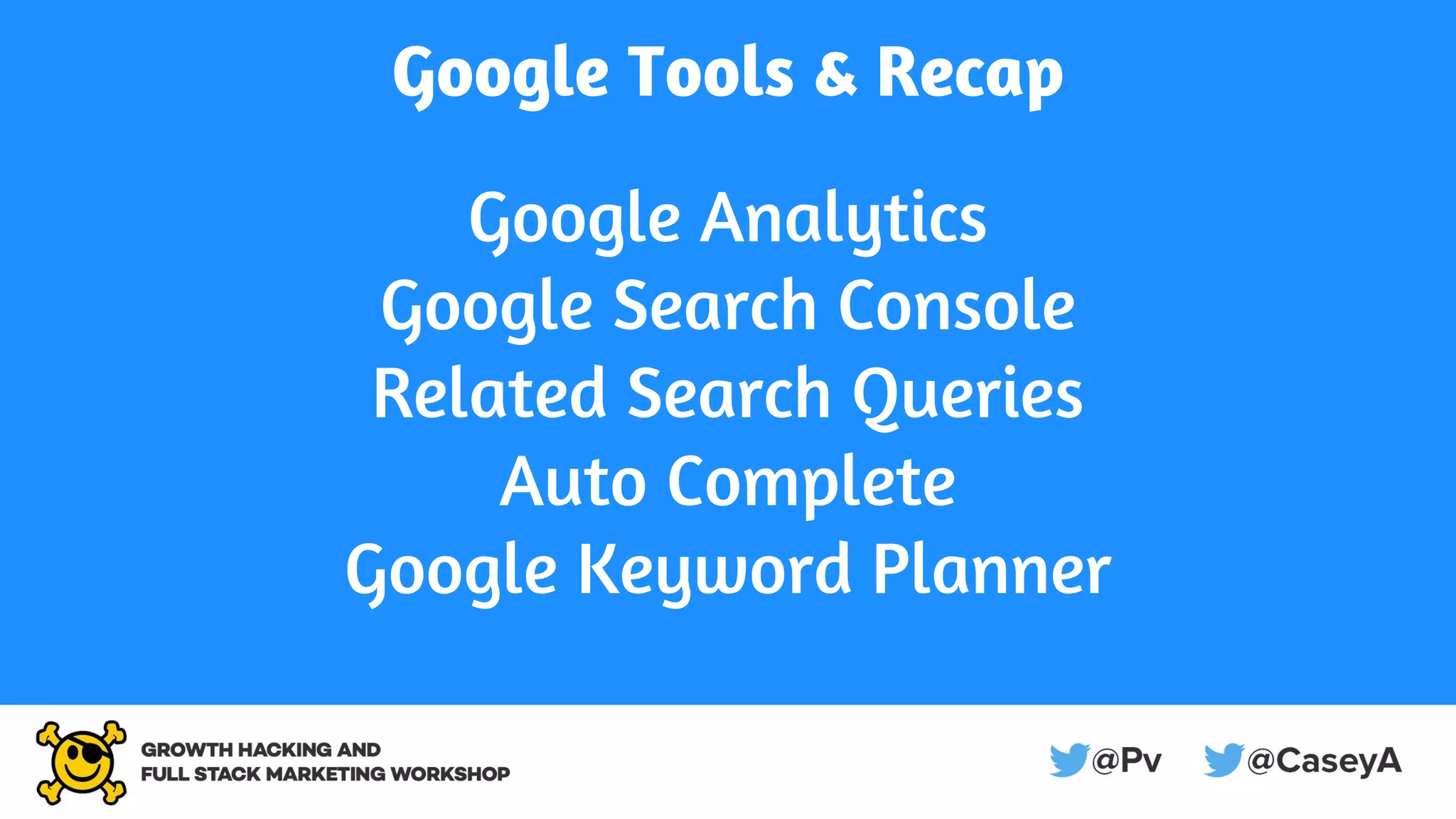 Google Tools & Recap
Google Analytics
Google Search Console
Related Search Queries
Auto Complete
Google Keyword Planner
 