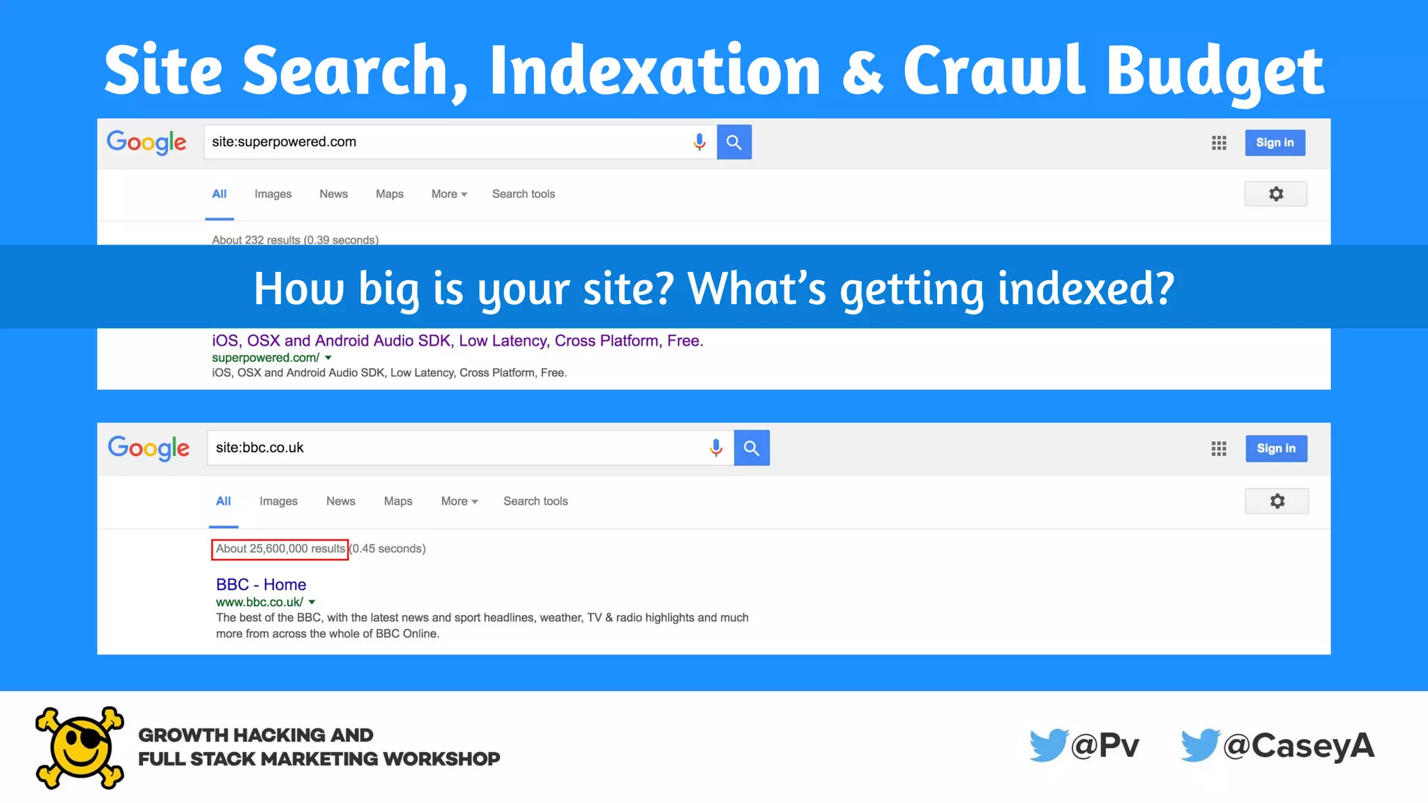 Site Search, Indexation & Crawl Budget
How big is your site? What’s getting indexed?
 