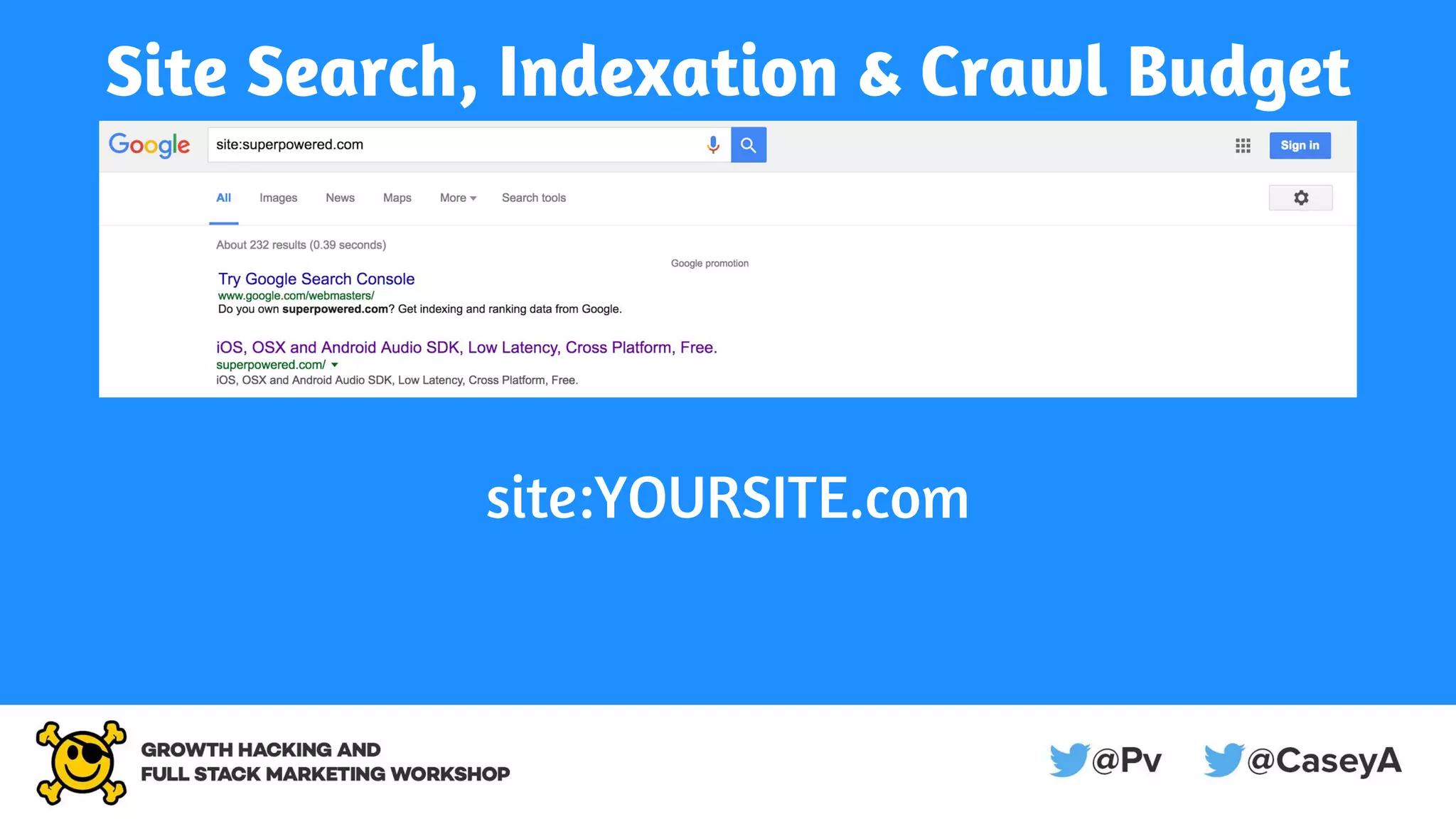 Site Search, Indexation & Crawl Budget
site:YOURSITE.com
 