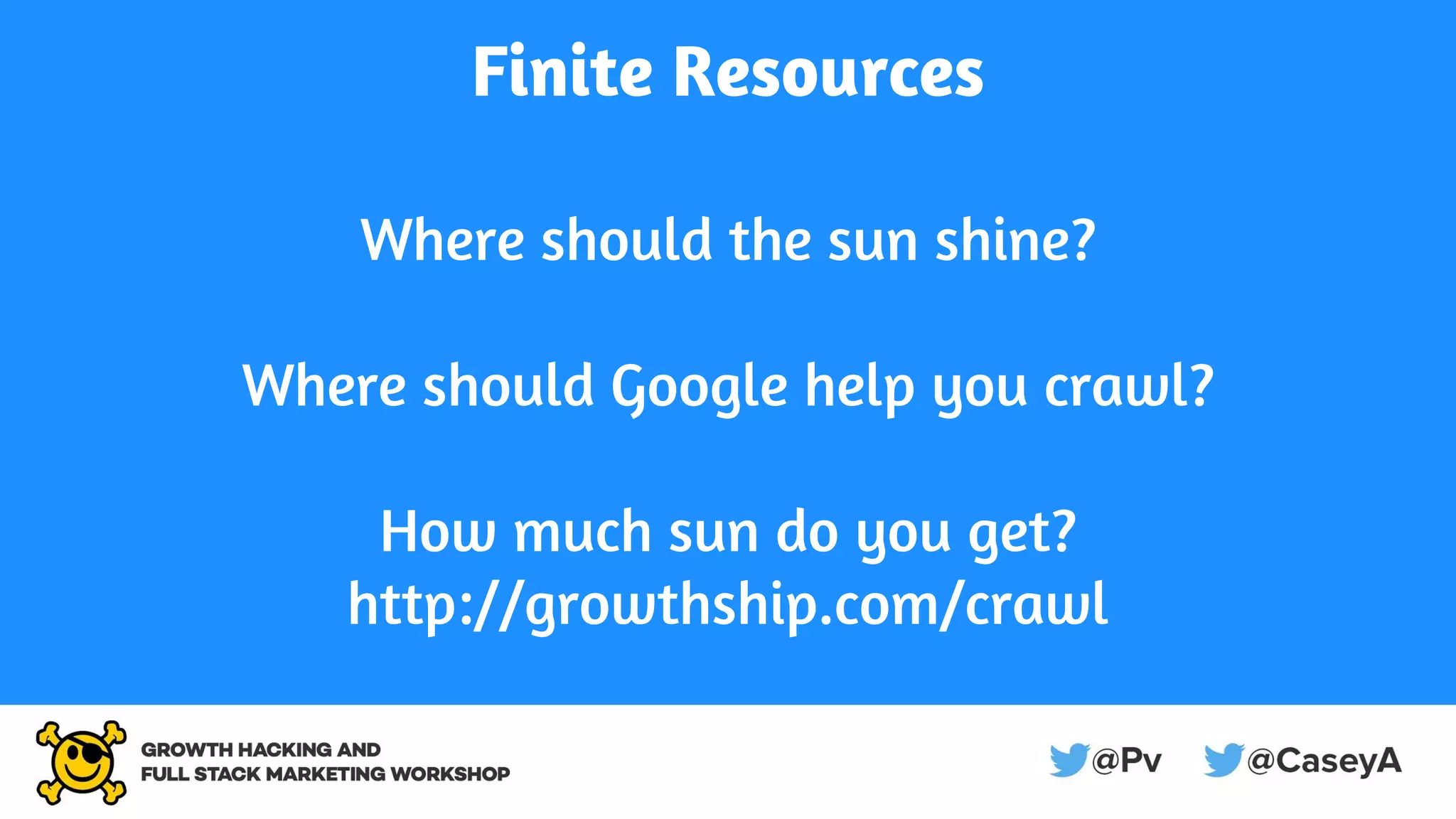 Finite Resources
Where should the sun shine?
Where should Google help you crawl?
How much sun do you get?
http://growthship.com/crawl
 
