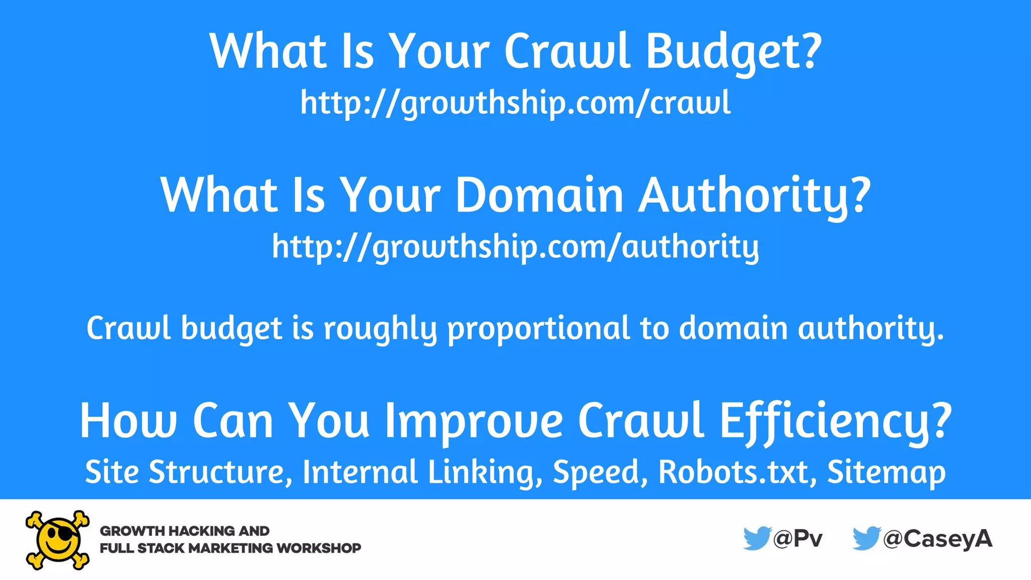 What Is Your Crawl Budget?
http://growthship.com/crawl
What Is Your Domain Authority?
http://growthship.com/authority
Crawl budget is roughly proportional to domain authority.
How Can You Improve Crawl Efficiency?
Site Structure, Internal Linking, Speed, Robots.txt, Sitemap
 