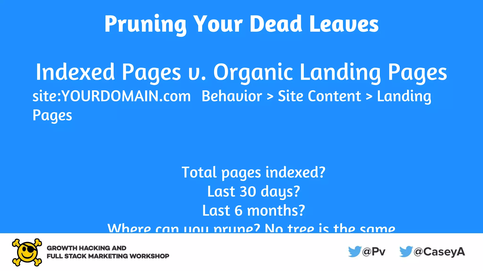 Pruning Your Dead Leaves
Indexed Pages v. Organic Landing Pages
site:YOURDOMAIN.com Behavior > Site Content > Landing
Pages
Total pages indexed?
Last 30 days?
Last 6 months?
Where can you prune? No tree is the same.
 