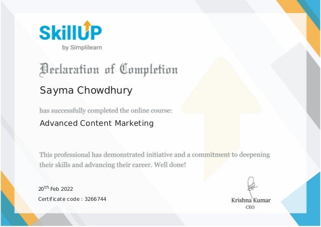 Sayma Chowdhury
Advanced Content Marketing
20th Feb 2022
Certificate code : 3266744
 