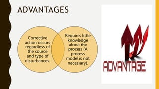 ADVANTAGES
Corrective
action occurs
regardless of
the source
and type of
disturbances.
Requires little
knowledge
about the
process (A
process
model is not
necessary).
 