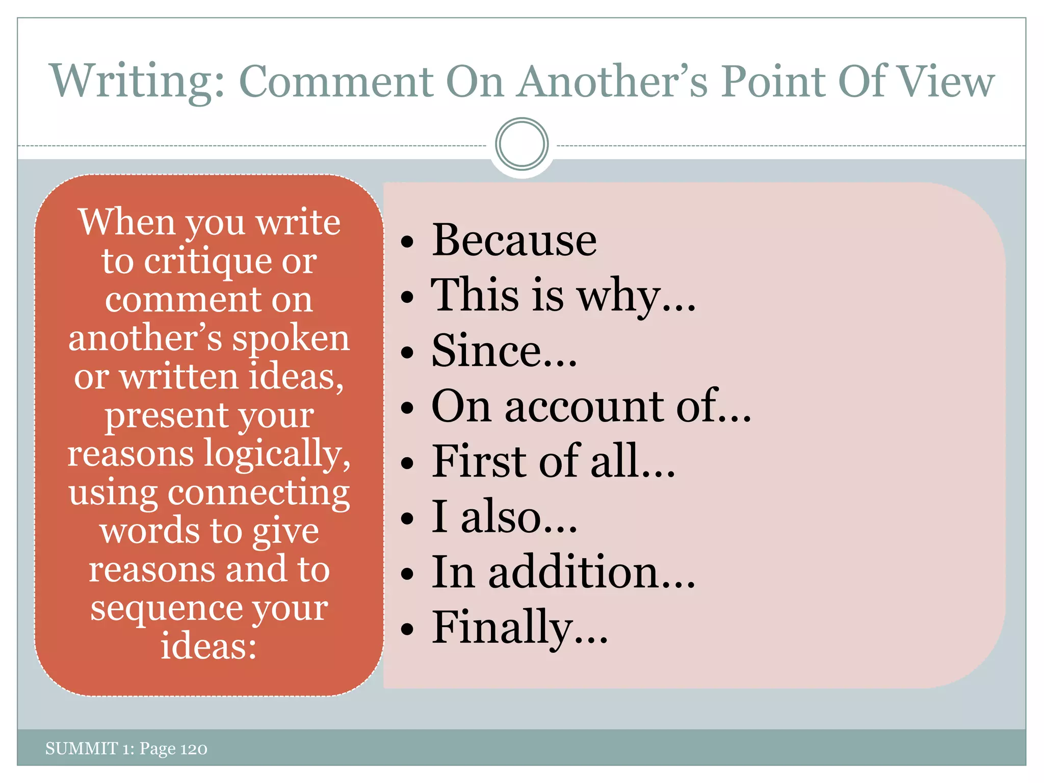 Writing: Comment On Another’s Point Of View

   When you write
    to critique or     •   Because
    comment on         •   This is why…
  another’s spoken     •   Since…
  or written ideas,
    present your       •   On account of…
  reasons logically,   •   First of all…
  using connecting
    words to give      •   I also…
   reasons and to      •   In addition…
   sequence your
        ideas:         •   Finally…

SUMMIT 1: Page 120
 