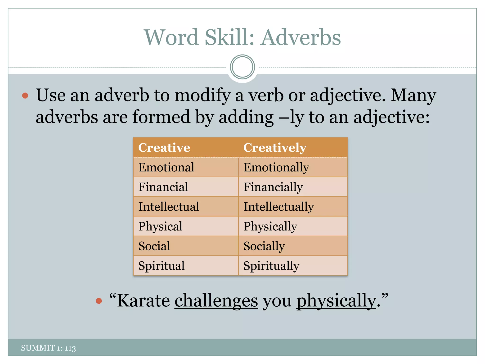 Word Skill: Adverbs

 Use an adverb to modify a verb or adjective. Many
   adverbs are formed by adding –ly to an adjective:
                     Creative       Creatively
                     Emotional      Emotionally
                     Financial      Financially
                     Intellectual   Intellectually
                     Physical       Physically
                     Social         Socially
                     Spiritual      Spiritually


                 “Karate challenges you physically.”

SUMMIT 1: 113
 