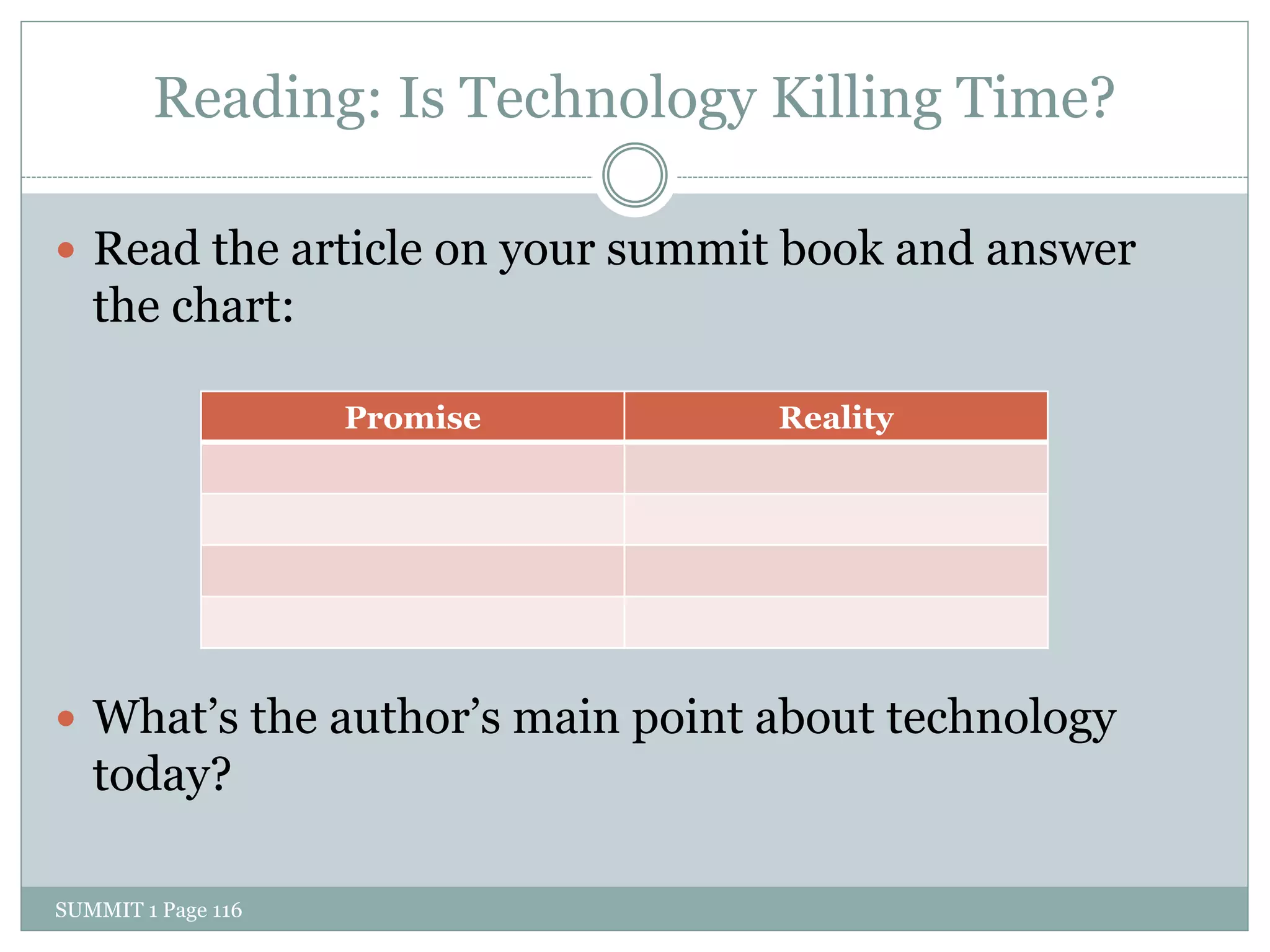 Reading: Is Technology Killing Time?

 Read the article on your summit book and answer
   the chart:

                    Promise      Reality




 What’s the author’s main point about technology
   today?

SUMMIT 1 Page 116
 