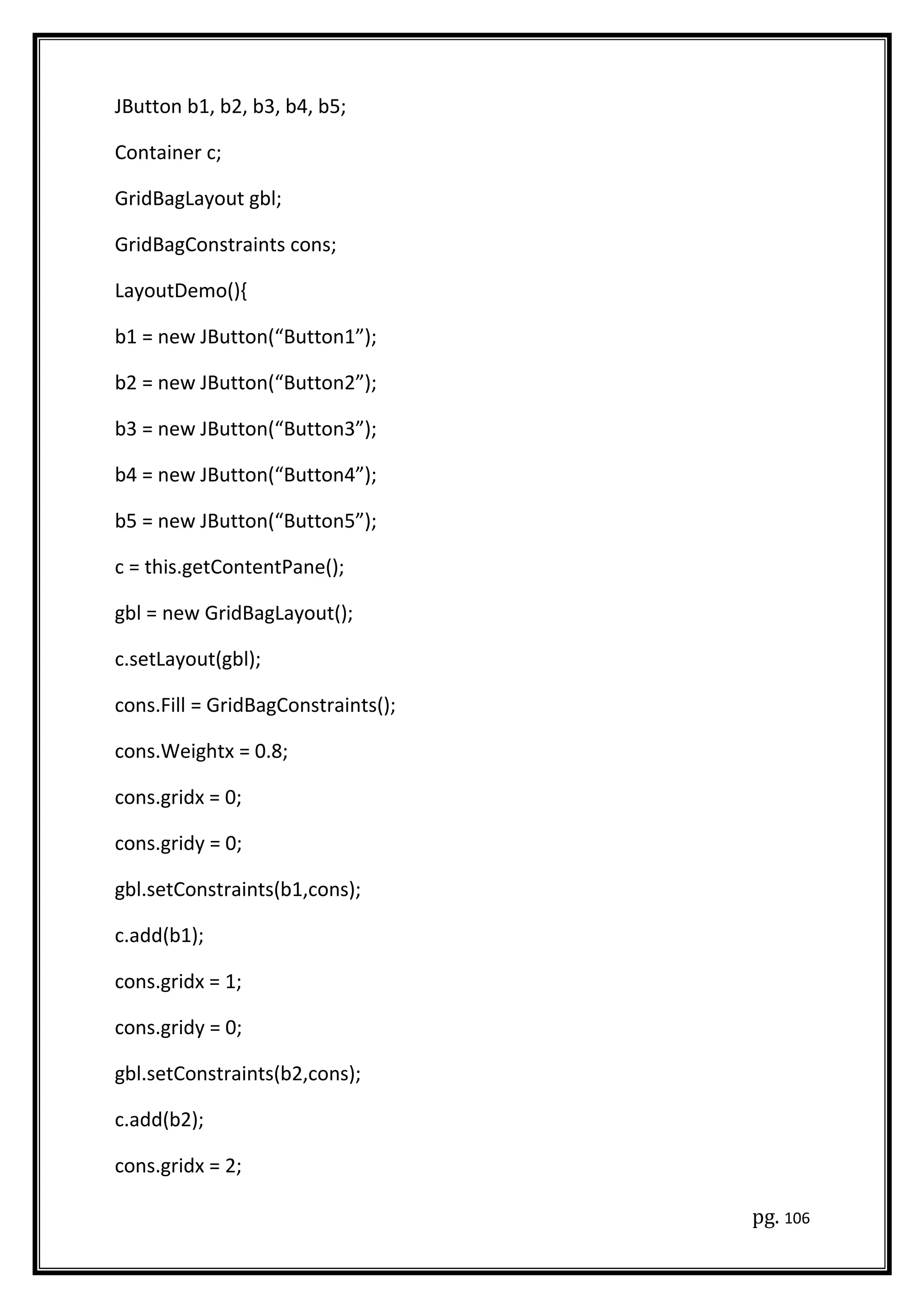 JButton b1, b2, b3, b4, b5;
Container c;
GridBagLayout gbl;
GridBagConstraints cons;
LayoutDemo(){
b1 = new JButton(“Button1”);
b2 = new JButton(“Button2”);
b3 = new JButton(“Button3”);
b4 = new JButton(“Button4”);
b5 = new JButton(“Button5”);
c = this.getContentPane();
gbl = new GridBagLayout();
c.setLayout(gbl);
cons.Fill = GridBagConstraints();
cons.Weightx = 0.8;
cons.gridx = 0;
cons.gridy = 0;
gbl.setConstraints(b1,cons);
c.add(b1);
cons.gridx = 1;
cons.gridy = 0;
gbl.setConstraints(b2,cons);
c.add(b2);
cons.gridx = 2;
pg. 106
 