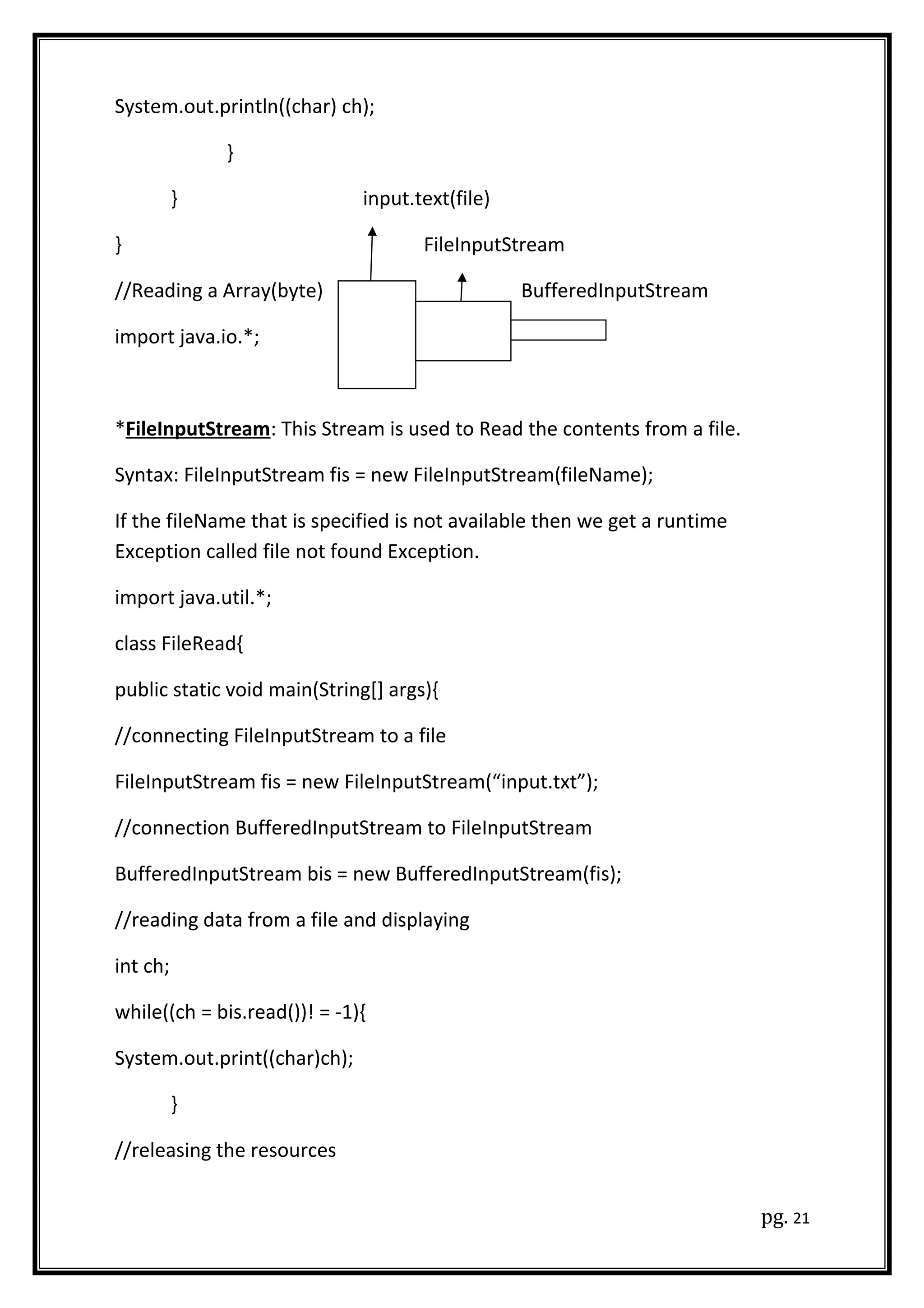 System.out.println((char) ch);
}
} input.text(file)
} FileInputStream
//Reading a Array(byte) BufferedInputStream
import java.io.*;
*FileInputStream: This Stream is used to Read the contents from a file.
Syntax: FileInputStream fis = new FileInputStream(fileName);
If the fileName that is specified is not available then we get a runtime
Exception called file not found Exception.
import java.util.*;
class FileRead{
public static void main(String[] args){
//connecting FileInputStream to a file
FileInputStream fis = new FileInputStream(“input.txt”);
//connection BufferedInputStream to FileInputStream
BufferedInputStream bis = new BufferedInputStream(fis);
//reading data from a file and displaying
int ch;
while((ch = bis.read())! = -1){
System.out.print((char)ch);
}
//releasing the resources
pg. 21
 