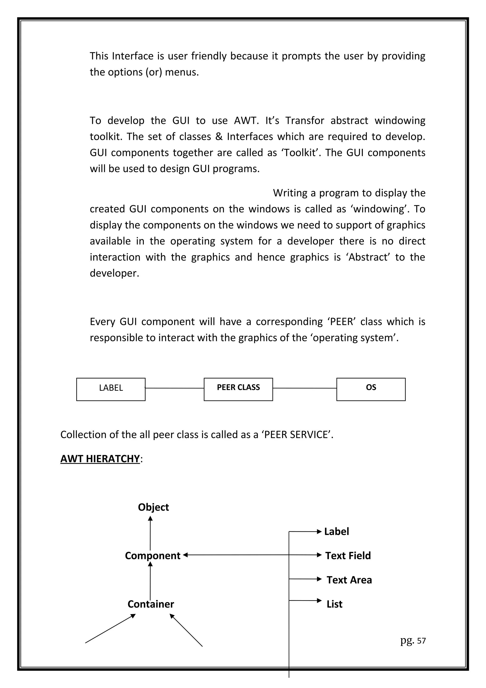 This Interface is user friendly because it prompts the user by providing
the options (or) menus.
To develop the GUI to use AWT. It’s Transfor abstract windowing
toolkit. The set of classes & Interfaces which are required to develop.
GUI components together are called as ‘Toolkit’. The GUI components
will be used to design GUI programs.
Writing a program to display the
created GUI components on the windows is called as ‘windowing’. To
display the components on the windows we need to support of graphics
available in the operating system for a developer there is no direct
interaction with the graphics and hence graphics is ‘Abstract’ to the
developer.
Every GUI component will have a corresponding ‘PEER’ class which is
responsible to interact with the graphics of the ‘operating system’.
Collection of the all peer class is called as a ‘PEER SERVICE’.
AWT HIERATCHY:
Object
Label
Component Text Field
Text Area
Container List
pg. 57
LABEL PEER CLASS OS
 