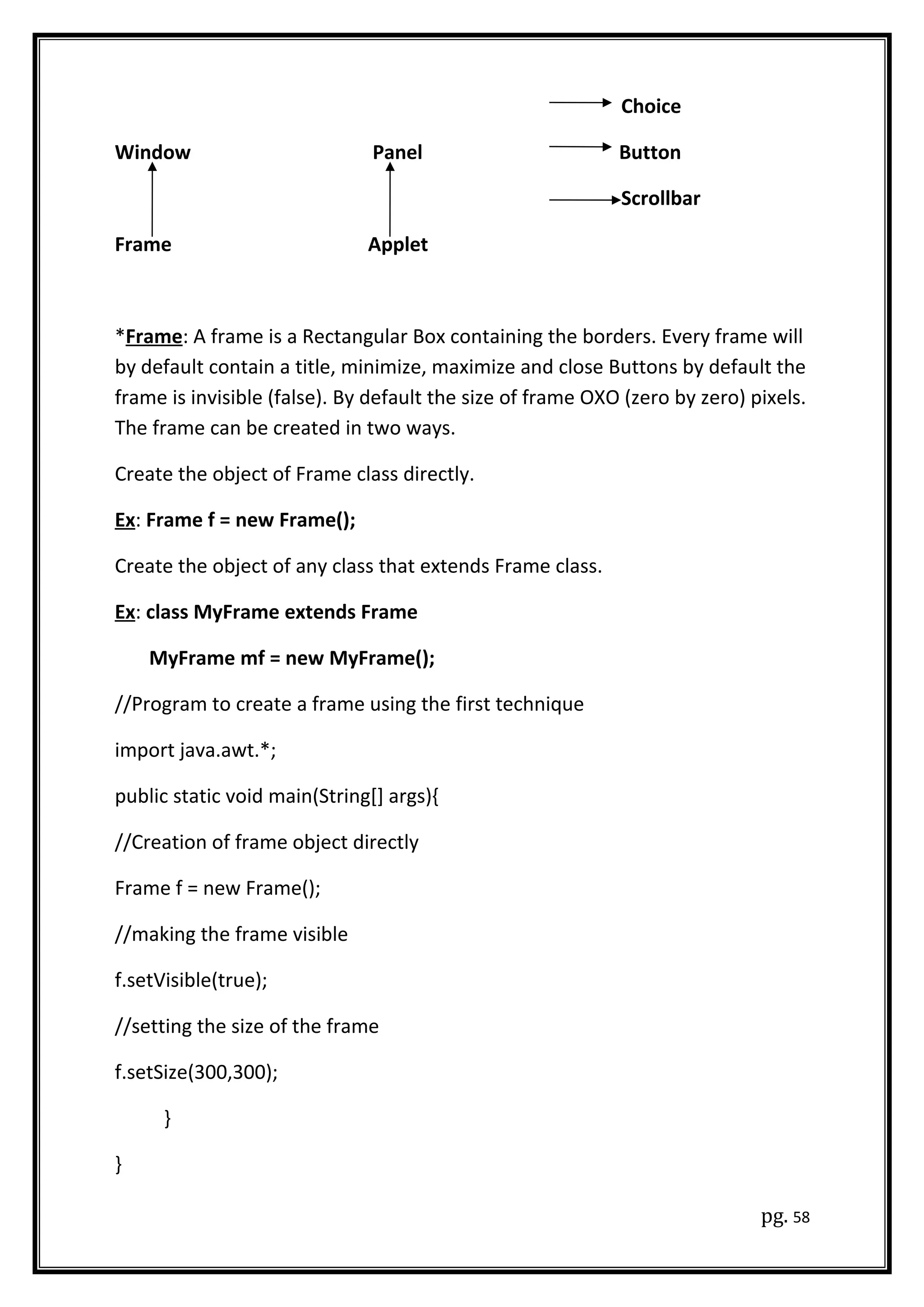 Choice
Window Panel Button
Scrollbar
Frame Applet
*Frame: A frame is a Rectangular Box containing the borders. Every frame will
by default contain a title, minimize, maximize and close Buttons by default the
frame is invisible (false). By default the size of frame OXO (zero by zero) pixels.
The frame can be created in two ways.
Create the object of Frame class directly.
Ex: Frame f = new Frame();
Create the object of any class that extends Frame class.
Ex: class MyFrame extends Frame
MyFrame mf = new MyFrame();
//Program to create a frame using the first technique
import java.awt.*;
public static void main(String[] args){
//Creation of frame object directly
Frame f = new Frame();
//making the frame visible
f.setVisible(true);
//setting the size of the frame
f.setSize(300,300);
}
}
pg. 58
 