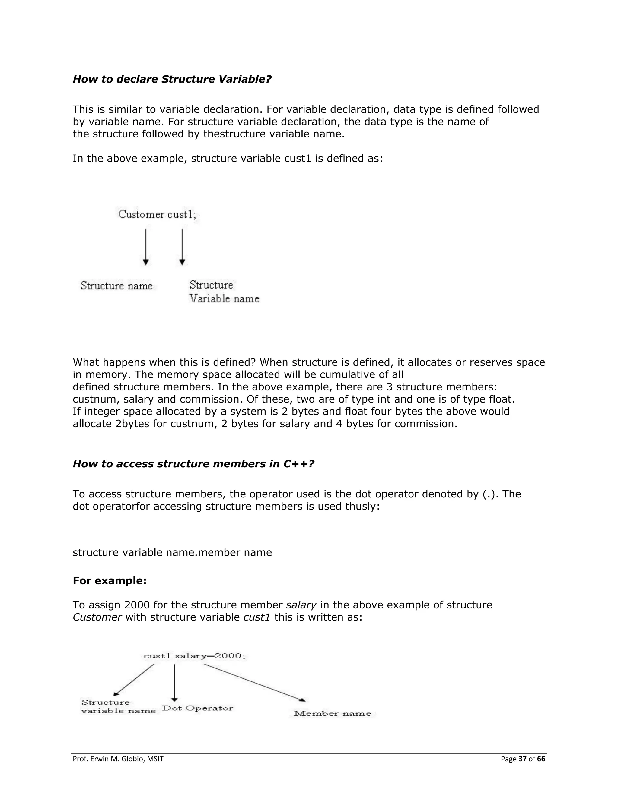 Prof. Erwin M. Globio, MSIT Page 37 of 66
How to declare Structure Variable?
This is similar to variable declaration. For variable declaration, data type is defined followed
by variable name. For structure variable declaration, the data type is the name of
the structure followed by thestructure variable name.
In the above example, structure variable cust1 is defined as:
What happens when this is defined? When structure is defined, it allocates or reserves space
in memory. The memory space allocated will be cumulative of all
defined structure members. In the above example, there are 3 structure members:
custnum, salary and commission. Of these, two are of type int and one is of type float.
If integer space allocated by a system is 2 bytes and float four bytes the above would
allocate 2bytes for custnum, 2 bytes for salary and 4 bytes for commission.
How to access structure members in C++?
To access structure members, the operator used is the dot operator denoted by (.). The
dot operatorfor accessing structure members is used thusly:
structure variable name.member name
For example:
To assign 2000 for the structure member salary in the above example of structure
Customer with structure variable cust1 this is written as:
 