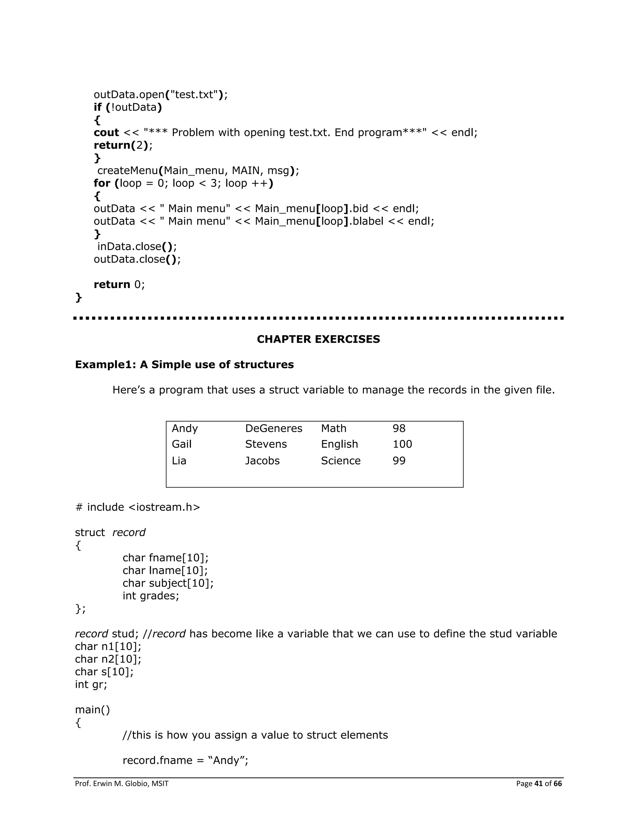 Prof. Erwin M. Globio, MSIT Page 41 of 66
outData.open("test.txt");
if (!outData)
{
cout << "*** Problem with opening test.txt. End program***" << endl;
return(2);
}
createMenu(Main_menu, MAIN, msg);
for (loop = 0; loop < 3; loop ++)
{
outData << " Main menu" << Main_menu[loop].bid << endl;
outData << " Main menu" << Main_menu[loop].blabel << endl;
}
inData.close();
outData.close();
return 0;
}
CHAPTER EXERCISES
Example1: A Simple use of structures
Here‘s a program that uses a struct variable to manage the records in the given file.
Andy DeGeneres Math 98
Gail Stevens English 100
Lia Jacobs Science 99
# include <iostream.h>
struct record
{
char fname[10];
char lname[10];
char subject[10];
int grades;
};
record stud; //record has become like a variable that we can use to define the stud variable
char n1[10];
char n2[10];
char s[10];
int gr;
main()
{
//this is how you assign a value to struct elements
record.fname = ―Andy‖;
 