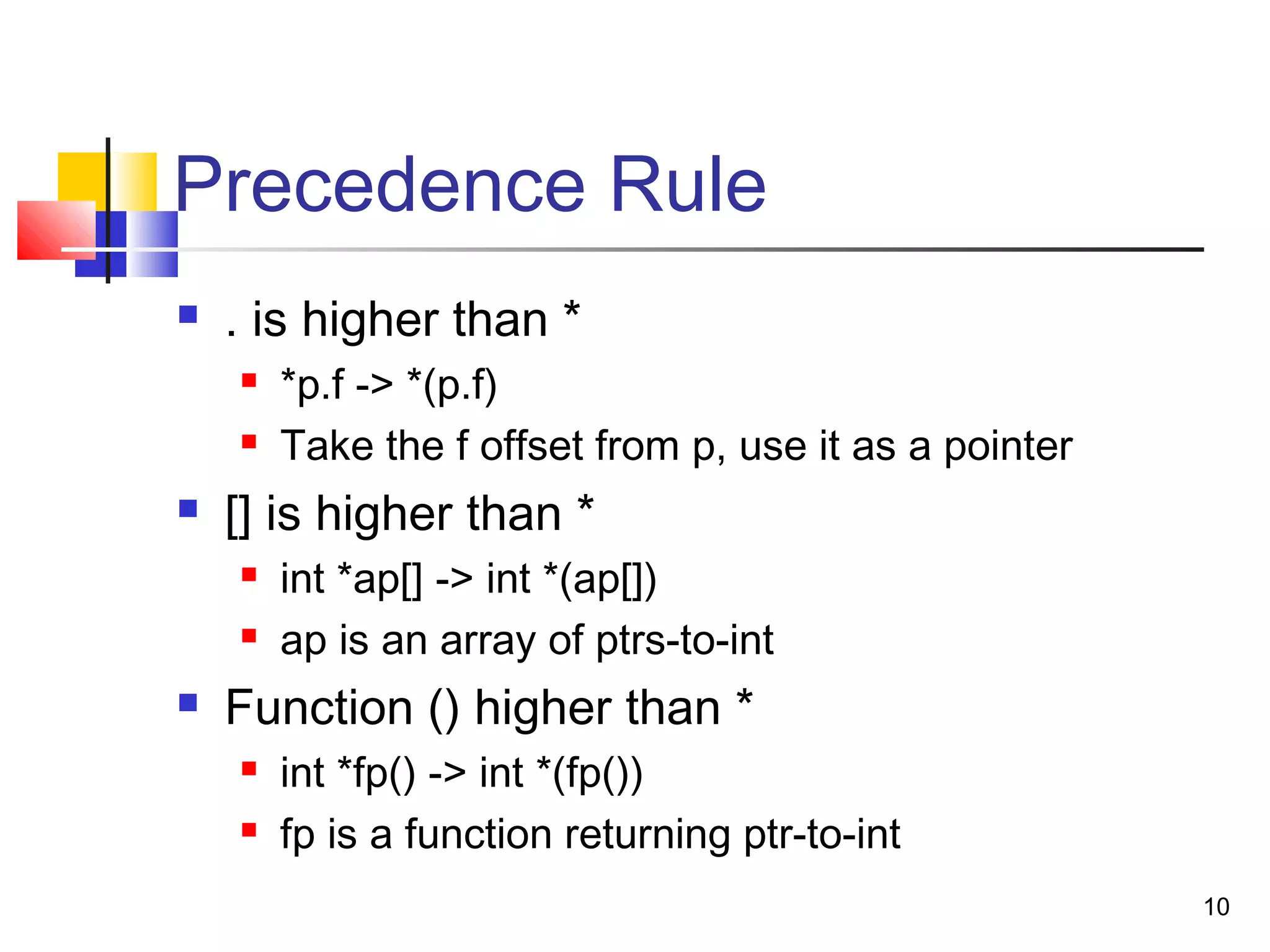 10
Precedence Rule
 . is higher than *
 *p.f -> *(p.f)
 Take the f offset from p, use it as a pointer
 [] is higher than *
 int *ap[] -> int *(ap[])
 ap is an array of ptrs-to-int
 Function () higher than *
 int *fp() -> int *(fp())
 fp is a function returning ptr-to-int
 