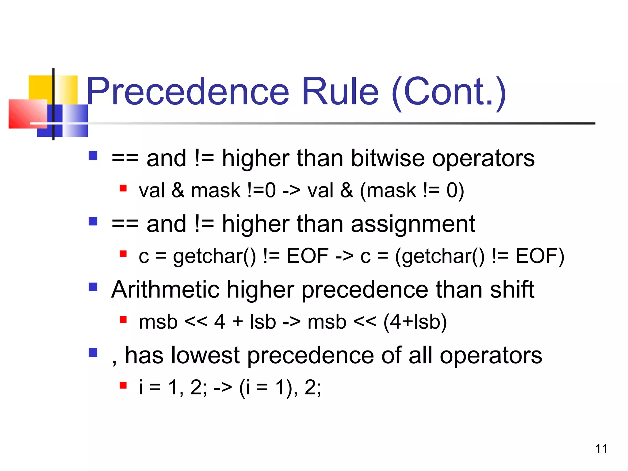 11
Precedence Rule (Cont.)
 == and != higher than bitwise operators
 val & mask !=0 -> val & (mask != 0)
 == and != higher than assignment
 c = getchar() != EOF -> c = (getchar() != EOF)
 Arithmetic higher precedence than shift
 msb << 4 + lsb -> msb << (4+lsb)
 , has lowest precedence of all operators
 i = 1, 2; -> (i = 1), 2;
 