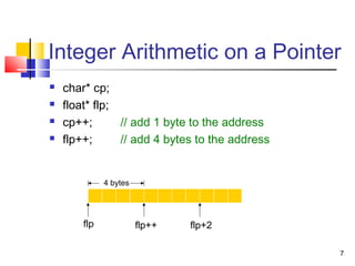 7
Integer Arithmetic on a Pointer
 char* cp;
 float* flp;
 cp++; // add 1 byte to the address
 flp++; // add 4 bytes to the address
flp flp++ flp+2
4 bytes
 