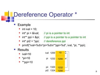 8
Dereference Operator *
 Example
 int ival = 10;
 int* pi = &ival; // pi is a pointer to int
 int** ppi = &pi; // ppi is a pointer to a pointer to int
 int* pi2 = *ppi; // dereference ppi
 printf("ival=%dn*pi=%dn**ppi=%d", ival, *pi, **ppi);
 Results
 ival=10
 *pi=10
 **ppi=10
10
1200
1200
1232
1200
1232
1320
ival
pi
pii
pi2 1324
 