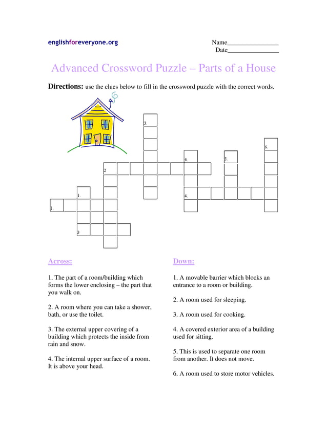 Advanced crossword puzzle, parts of a house PDF