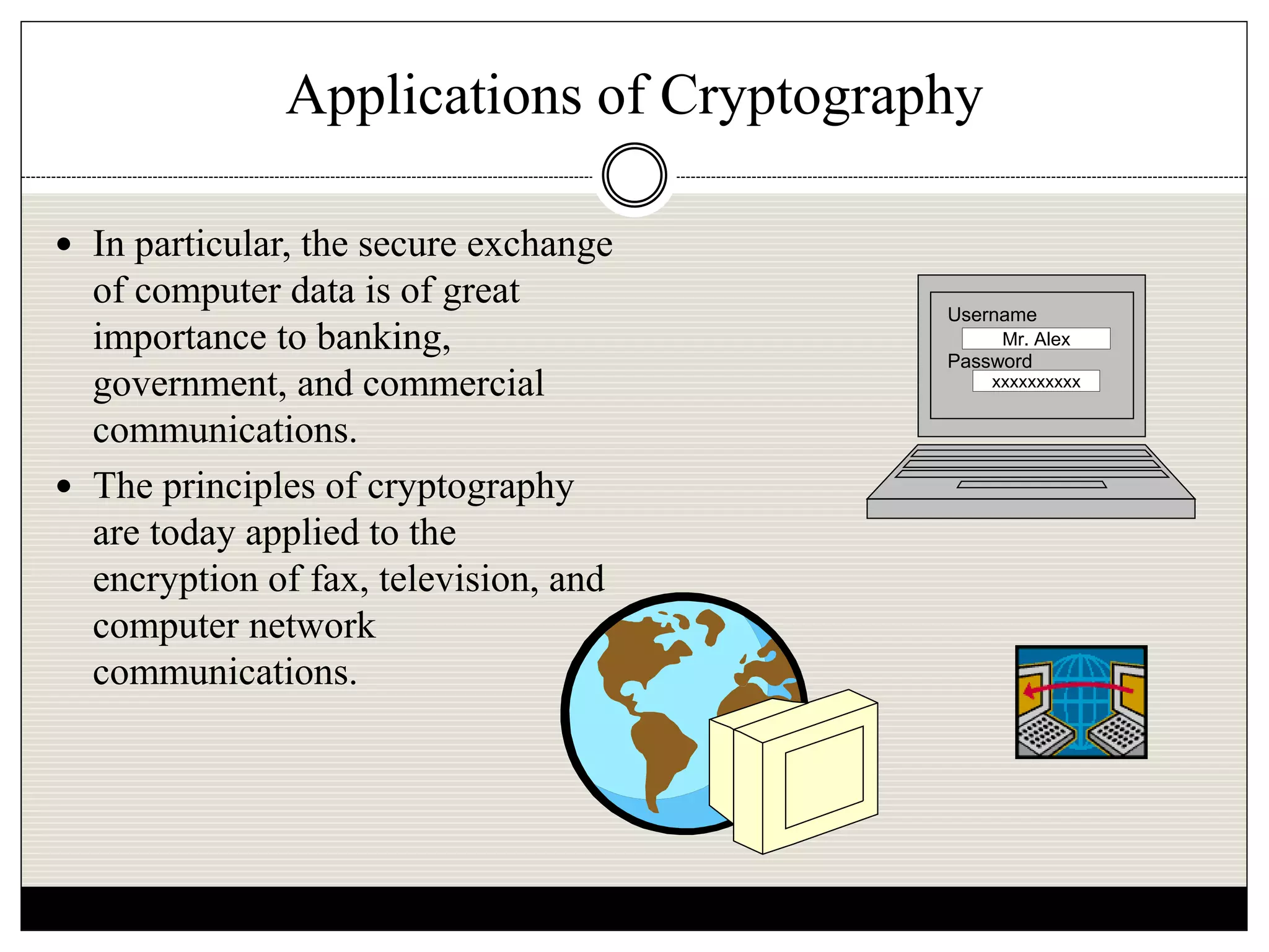Applications of Cryptography
 In particular, the secure exchange
of computer data is of great
importance to banking,
government, and commercial
communications.
 The principles of cryptography
are today applied to the
encryption of fax, television, and
computer network
communications.
Username
Password
Mr. Alex
xxxxxxxxxx
 