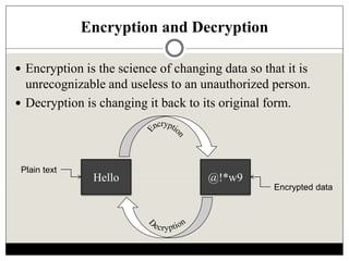 Encryption and Decryption
 Encryption is the science of changing data so that it is
unrecognizable and useless to an unauthorized person.
 Decryption is changing it back to its original form.
Hello @!*w9
Plain text
Encrypted data
 