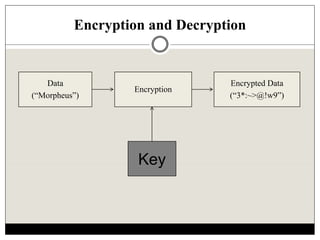 Encryption and Decryption
Data
(“Morpheus”)
Encryption
Encrypted Data
(“3*:~>@!w9”)
Key
 
