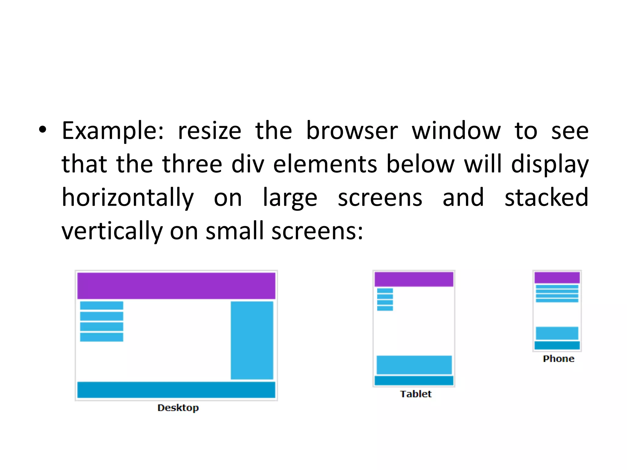 • Example: resize the browser window to see
that the three div elements below will display
horizontally on large screens and stacked
vertically on small screens:
 