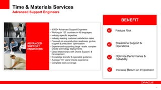 Time & Materials Services
Advanced Support Engineers

                                                                           BENEFIT

                    •   4,000+ Advanced Support Engineers
                                                                       Reduce Risk
                    •   Working in 127 countries in 45 languages
                    •   Industry-specific expertise
                    •   Industry-leading customer satisfaction rates
                    •   Focused on pre-production readiness, go-live
        ADVANCED        support & production optimization              Streamline Support &
        SUPPORT     •   Experienced supporting large –scale, complex   Operations
        ENGINEERS       Oracle technology deployments
                    •   Deep relationships with Oracle Support &
                        Development
                    •   Knowledge transfer & specialist guidance       Optimize Performance &
                    •   Average 10+ years Oracle experience            Reliability
                    •   Complete stack coverage


                                                                       Increase Return on Investment




                                                                                                       16
 