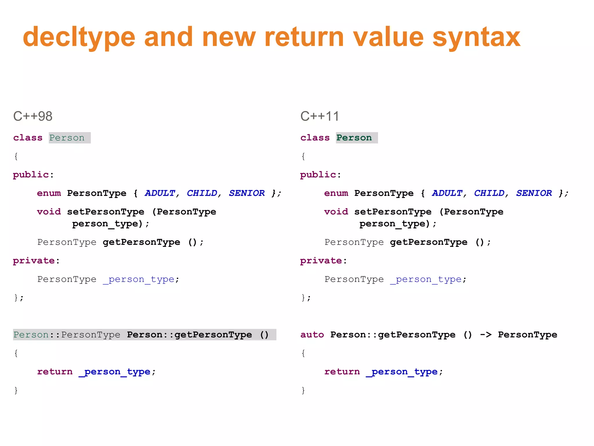 decltype and new return value syntax
C++98
class Person
{
public:
enum PersonType { ADULT, CHILD, SENIOR };
void setPersonType (PersonType
person_type);
PersonType getPersonType ();
private:
PersonType _person_type;
};
Person::PersonType Person::getPersonType ()
{
return _person_type;
}
C++11
class Person
{
public:
enum PersonType { ADULT, CHILD, SENIOR };
void setPersonType (PersonType
person_type);
PersonType getPersonType ();
private:
PersonType _person_type;
};
auto Person::getPersonType () -> PersonType
{
return _person_type;
}
Proprietary & Confidential. ©Aricent Group 2011 47
 