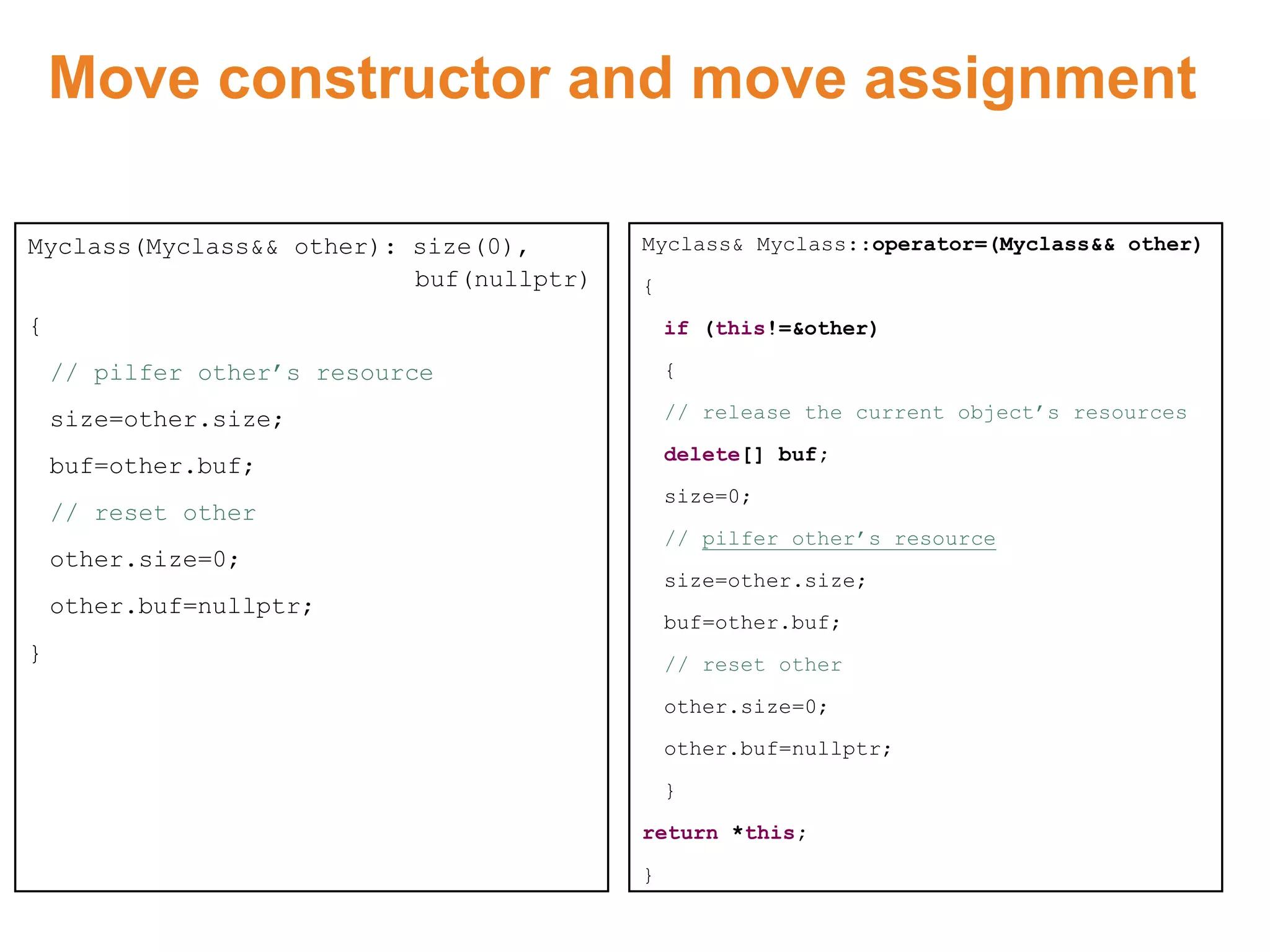 Move constructor and move assignment
Myclass(Myclass&& other): size(0),
buf(nullptr)
{
// pilfer other’s resource
size=other.size;
buf=other.buf;
// reset other
other.size=0;
other.buf=nullptr;
}
Myclass& Myclass::operator=(Myclass&& other)
{
if (this!=&other)
{
// release the current object’s resources
delete[] buf;
size=0;
// pilfer other’s resource
size=other.size;
buf=other.buf;
// reset other
other.size=0;
other.buf=nullptr;
}
return *this;
}
Proprietary & Confidential. ©Aricent Group 2011
 