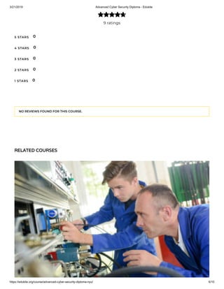 3/21/2019 Advanced Cyber Security Diploma - Edukite
https://edukite.org/course/advanced-cyber-security-diploma-nyu/ 6/10
9 ratings

5 STARS
4 STARS
3 STARS
2 STARS
1 STARS
0
0
0
0
0
NO REVIEWS FOUND FOR THIS COURSE.
RELATED COURSESRELATED COURSES
 