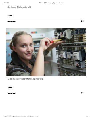 3/21/2019 Advanced Cyber Security Diploma - Edukite
https://edukite.org/course/advanced-cyber-security-diploma-nyu/ 7/10
833
Six Sigma Diploma Level 3
FREE

964
Diploma in Power System Engineering
FREE

 