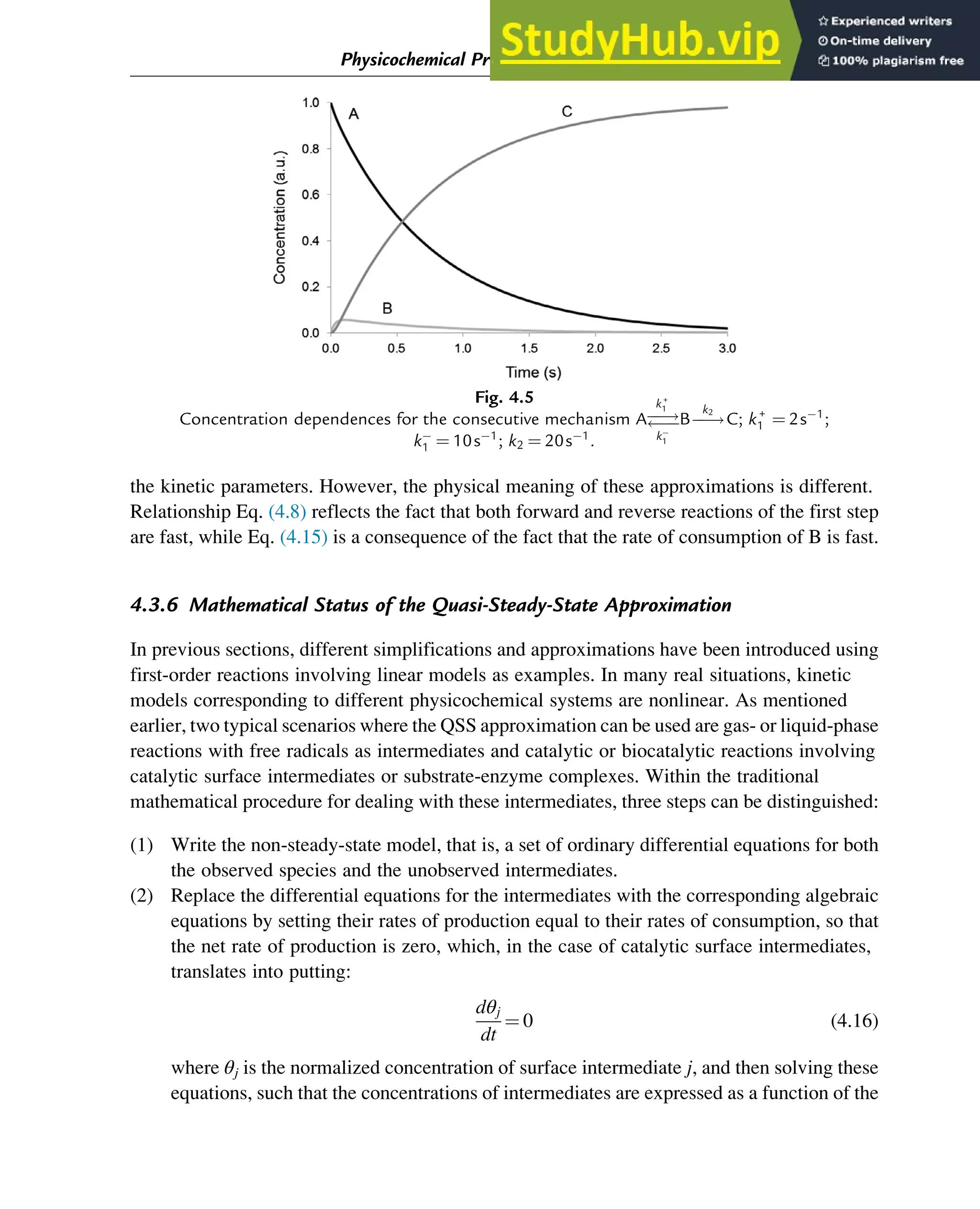 the kinetic parameters. However, the physical meaning of these approximations is different.
Relationship Eq. (4.8) reflects the fact that both forward and reverse reactions of the first step
are fast, while Eq. (4.15) is a consequence of the fact that the rate of consumption of B is fast.
4.3.6 Mathematical Status of the Quasi-Steady-State Approximation
In previous sections, different simplifications and approximations have been introduced using
first-order reactions involving linear models as examples. In many real situations, kinetic
models corresponding to different physicochemical systems are nonlinear. As mentioned
earlier, two typical scenarios where the QSS approximation can be used are gas- or liquid-phase
reactions with free radicals as intermediates and catalytic or biocatalytic reactions involving
catalytic surface intermediates or substrate-enzyme complexes. Within the traditional
mathematical procedure for dealing with these intermediates, three steps can be distinguished:
(1) Write the non-steady-state model, that is, a set of ordinary differential equations for both
the observed species and the unobserved intermediates.
(2) Replace the differential equations for the intermediates with the corresponding algebraic
equations by setting their rates of production equal to their rates of consumption, so that
the net rate of production is zero, which, in the case of catalytic surface intermediates,
translates into putting:
dθj
dt
¼ 0 (4.16)
where θj is the normalized concentration of surface intermediate j, and then solving these
equations, such that the concentrations of intermediates are expressed as a function of the
Fig. 4.5
Concentration dependences for the consecutive mechanism Aƒ
ƒ!
ƒ
ƒ
k+
1
k
1
Bƒ
ƒ!
k2
C; k+
1 ¼ 2s1
;
k
1 ¼ 10s1
; k2 ¼ 20s1
.
Physicochemical Principles of Simplification of Complex Models 95
 