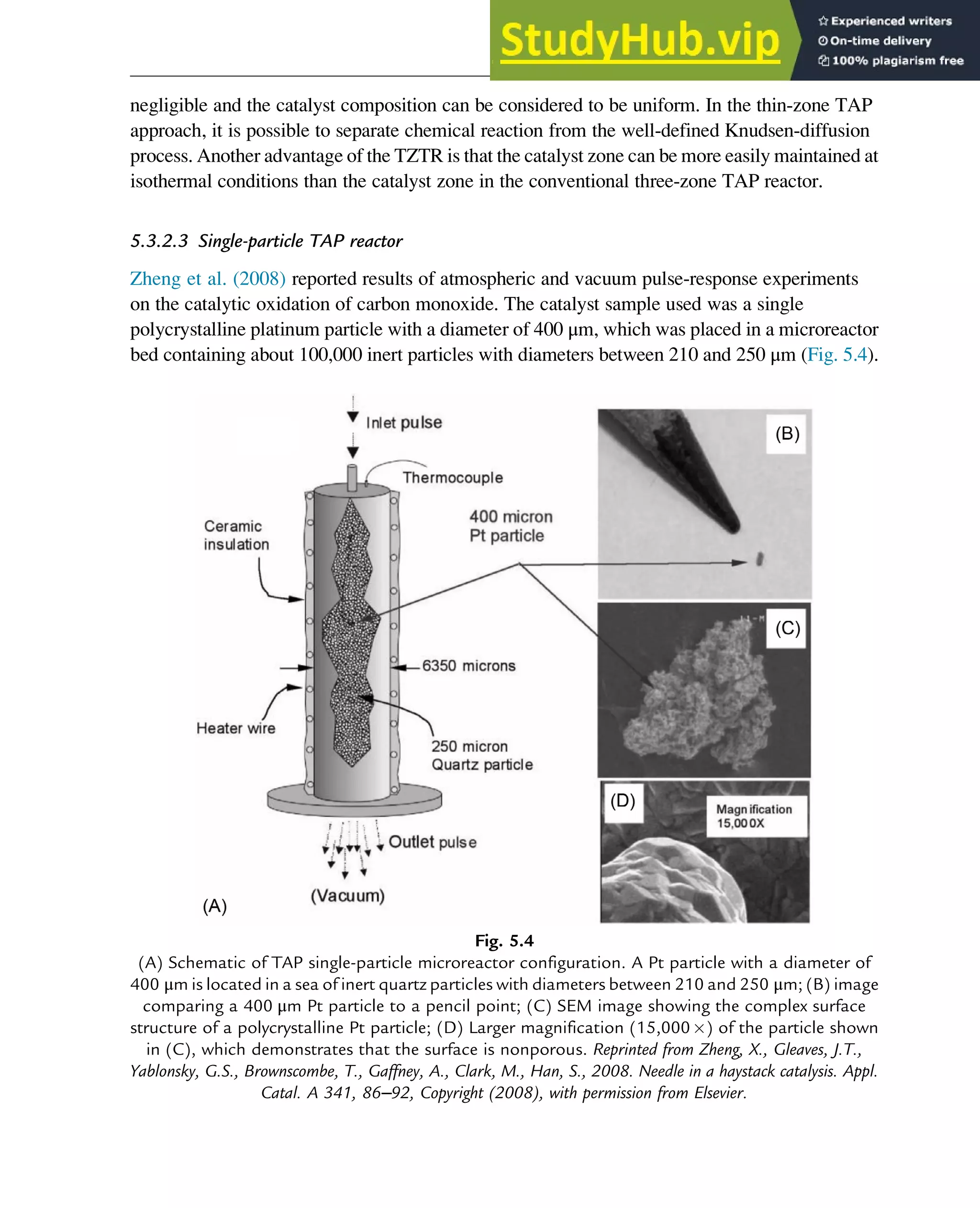 negligible and the catalyst composition can be considered to be uniform. In the thin-zone TAP
approach, it is possible to separate chemical reaction from the well-defined Knudsen-diffusion
process. Another advantage of the TZTR is that the catalyst zone can be more easily maintained at
isothermal conditions than the catalyst zone in the conventional three-zone TAP reactor.
5.3.2.3 Single-particle TAP reactor
Zheng et al. (2008) reported results of atmospheric and vacuum pulse-response experiments
on the catalytic oxidation of carbon monoxide. The catalyst sample used was a single
polycrystalline platinum particle with a diameter of 400 μm, which was placed in a microreactor
bed containing about 100,000 inert particles with diameters between 210 and 250 μm (Fig. 5.4).
Fig. 5.4
(A) Schematic of TAP single-particle microreactor configuration. A Pt particle with a diameter of
400 μm is located in a sea of inert quartz particles with diameters between 210 and 250 μm; (B) image
comparing a 400 μm Pt particle to a pencil point; (C) SEM image showing the complex surface
structure of a polycrystalline Pt particle; (D) Larger magnification (15,000) of the particle shown
in (C), which demonstrates that the surface is nonporous. Reprinted from Zheng, X., Gleaves, J.T.,
Yablonsky, G.S., Brownscombe, T., Gaffney, A., Clark, M., Han, S., 2008. Needle in a haystack catalysis. Appl.
Catal. A 341, 86–92, Copyright (2008), with permission from Elsevier.
Physicochemical Devices and Reactors 113
 