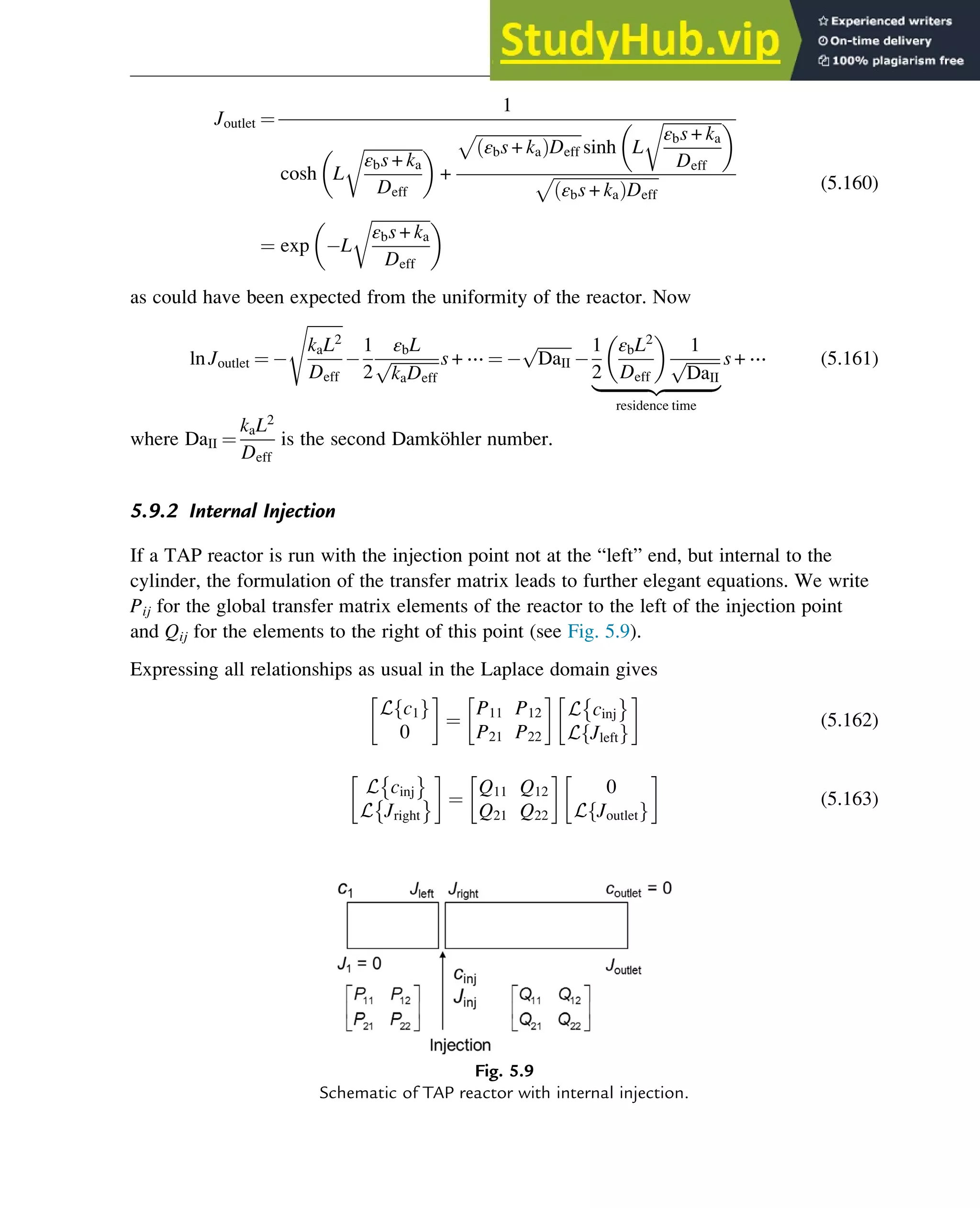 Joutlet ¼
1
cosh L
ﬃﬃﬃﬃﬃﬃﬃﬃﬃﬃﬃﬃﬃﬃ
ﬃ
εbs + ka
Deff
r
 
+
ﬃﬃﬃﬃﬃﬃﬃﬃﬃﬃﬃﬃﬃﬃﬃﬃﬃﬃﬃﬃﬃﬃﬃﬃﬃﬃ
εbs + ka
ð ÞDeff
p
sinh L
ﬃﬃﬃﬃﬃﬃﬃﬃﬃﬃﬃﬃﬃﬃ
ﬃ
εbs + ka
Deff
r
 
ﬃﬃﬃﬃﬃﬃﬃﬃﬃﬃﬃﬃﬃﬃﬃﬃﬃﬃﬃﬃﬃﬃﬃﬃﬃﬃ
εbs + ka
ð ÞDeff
p
¼ exp L
ﬃﬃﬃﬃﬃﬃﬃﬃﬃﬃﬃﬃﬃﬃ
ﬃ
εbs + ka
Deff
r
 
(5.160)
as could have been expected from the uniformity of the reactor. Now
ln Joutlet ¼
ﬃﬃﬃﬃﬃﬃﬃﬃﬃ
kaL2
Deff
s
1
2
εbL
ﬃﬃﬃﬃﬃﬃﬃﬃﬃﬃﬃﬃ
kaDeff
p s + ⋯ ¼
ﬃﬃﬃﬃﬃﬃﬃﬃﬃ
DaII
p 1
2
εbL2
Deff
 
1
ﬃﬃﬃﬃﬃﬃﬃﬃﬃ
DaII
p
|ﬄﬄﬄﬄﬄﬄﬄﬄﬄﬄﬄﬄ{zﬄﬄﬄﬄﬄﬄﬄﬄﬄﬄﬄﬄ}
residence time
s + ⋯ (5.161)
where DaII ¼
kaL2
Deff
is the second Damköhler number.
5.9.2 Internal Injection
If a TAP reactor is run with the injection point not at the “left” end, but internal to the
cylinder, the formulation of the transfer matrix leads to further elegant equations. We write
Pij for the global transfer matrix elements of the reactor to the left of the injection point
and Qij for the elements to the right of this point (see Fig. 5.9).
Expressing all relationships as usual in the Laplace domain gives
L c1
f g
0
¼
P11 P12
P21 P22
L cinj
L Jleft
f g
(5.162)
L cinj
L Jright
¼
Q11 Q12
Q21 Q22
0
L Joutlet
f g
(5.163)
Fig. 5.9
Schematic of TAP reactor with internal injection.
Physicochemical Devices and Reactors 143
 