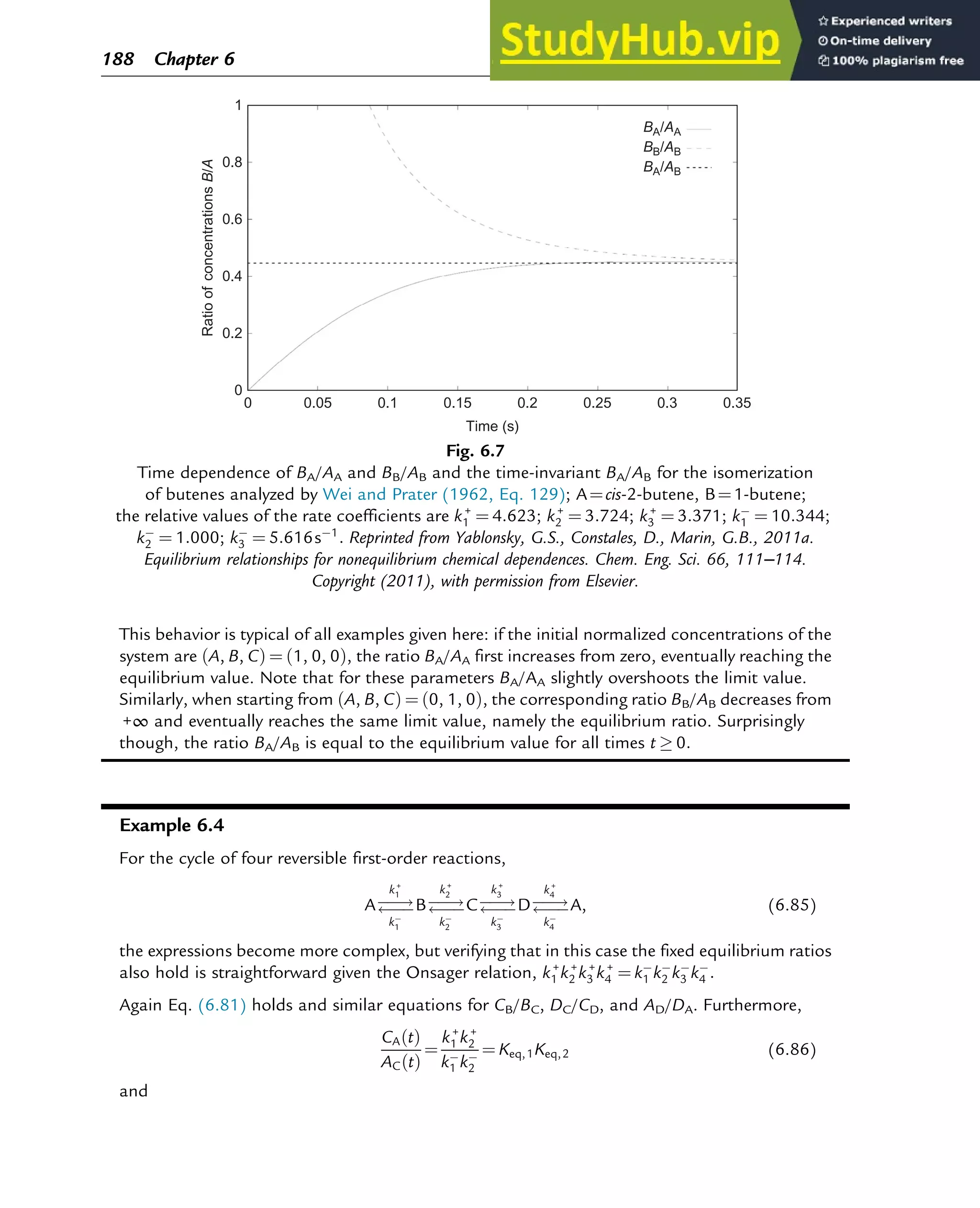 This behavior is typical of all examples given here: if the initial normalized concentrations of the
system are A, B, C
ð Þ ¼ 1, 0, 0
ð Þ, the ratio BA/AA first increases from zero, eventually reaching the
equilibrium value. Note that for these parameters BA/AA slightly overshoots the limit value.
Similarly, when starting from A, B, C
ð Þ ¼ 0, 1, 0
ð Þ, the corresponding ratio BB/AB decreases from
+∞ and eventually reaches the same limit value, namely the equilibrium ratio. Surprisingly
though, the ratio BA/AB is equal to the equilibrium value for all times t  0:
Example 6.4
For the cycle of four reversible first-order reactions,
A!

k+
1
k1
B!

k+
2
k2
C!

k+
3
k3
D!

k+
4
k4
A, (6.85)
the expressions become more complex, but verifying that in this case the fixed equilibrium ratios
also hold is straightforward given the Onsager relation, k+
1 k+
2 k+
3 k+
4 ¼ k1 k2 k3 k4 :
Again Eq. (6.81) holds and similar equations for CB/BC, DC/CD, and AD/DA. Furthermore,
CA t
ð Þ
AC t
ð Þ
¼
k+
1 k+
2
k1 k2
¼ Keq,1Keq,2 (6.86)
and
0
0 0.05 0.1 0.15
Time (s)
0.2 0.25 0.3 0.35
BA/AA
BB/AB
BA/AB
0.2
Ratio
of
concentrations
B/A
0.4
0.6
0.8
1
Fig. 6.7
Time dependence of BA/AA and BB/AB and the time-invariant BA/AB for the isomerization
of butenes analyzed by Wei and Prater (1962, Eq. 129); A¼cis-2-butene, B¼1-butene;
the relative values of the rate coefficients are k+
1 ¼ 4:623; k+
2 ¼ 3:724; k+
3 ¼ 3:371; k1 ¼ 10:344;
k2 ¼ 1:000; k3 ¼ 5:616s 1
: Reprinted from Yablonsky, G.S., Constales, D., Marin, G.B., 2011a.
Equilibrium relationships for nonequilibrium chemical dependences. Chem. Eng. Sci. 66, 111–114.
Copyright (2011), with permission from Elsevier.
188 Chapter 6
 