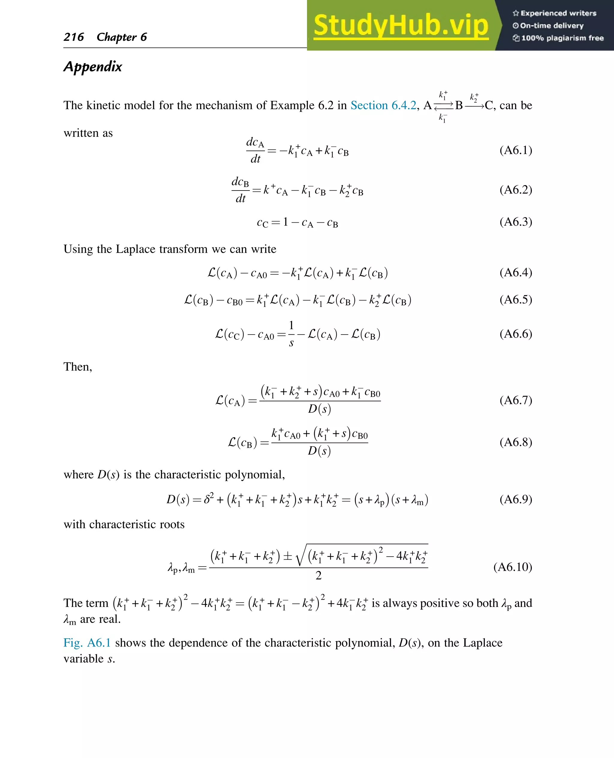 Appendix
The kinetic model for the mechanism of Example 6.2 in Section 6.4.2, A
!


k+
1
k1
B
!
k+
2
C, can be
written as
dcA
dt
¼ k+
1 cA + k1 cB (A6.1)
dcB
dt
¼ k+
cA k1 cB k+
2 cB (A6.2)
cC ¼ 1 cA cB (A6.3)
Using the Laplace transform we can write
L cA
ð Þ cA0 ¼ k+
1 L cA
ð Þ + k1 L cB
ð Þ (A6.4)
L cB
ð Þ cB0 ¼ k+
1 L cA
ð Þ k1 L cB
ð Þ k+
2 L cB
ð Þ (A6.5)
L cC
ð Þ cA0 ¼
1
s
L cA
ð Þ L cB
ð Þ (A6.6)
Then,
L cA
ð Þ ¼
k1 + k+
2 + s
 
cA0 + k1 cB0
D s
ð Þ
(A6.7)
L cB
ð Þ ¼
k+
1 cA0 + k+
1 + s
 
cB0
D s
ð Þ
(A6.8)
where D(s) is the characteristic polynomial,
D s
ð Þ ¼ δ2
+ k+
1 + k1 + k+
2
 
s + k+
1 k+
2 ¼ s + λp
 
s + λm
ð Þ (A6.9)
with characteristic roots
λp,λm ¼
k+
1 + k1 + k+
2
 

ﬃﬃﬃﬃﬃﬃﬃﬃﬃﬃﬃﬃﬃﬃﬃﬃﬃﬃﬃﬃﬃﬃﬃﬃﬃﬃﬃﬃﬃﬃﬃﬃﬃﬃﬃﬃﬃﬃﬃﬃﬃﬃﬃﬃﬃﬃﬃ
k+
1 + k1 + k+
2
 2
4k+
1 k+
2
q
2
(A6.10)
The term k+
1 + k1 + k+
2
 2
4k+
1 k+
2 ¼ k+
1 + k1 k+
2
 2
+ 4k1 k+
2 is always positive so both λp and
λm are real.
Fig. A6.1 shows the dependence of the characteristic polynomial, D(s), on the Laplace
variable s.
216 Chapter 6
 