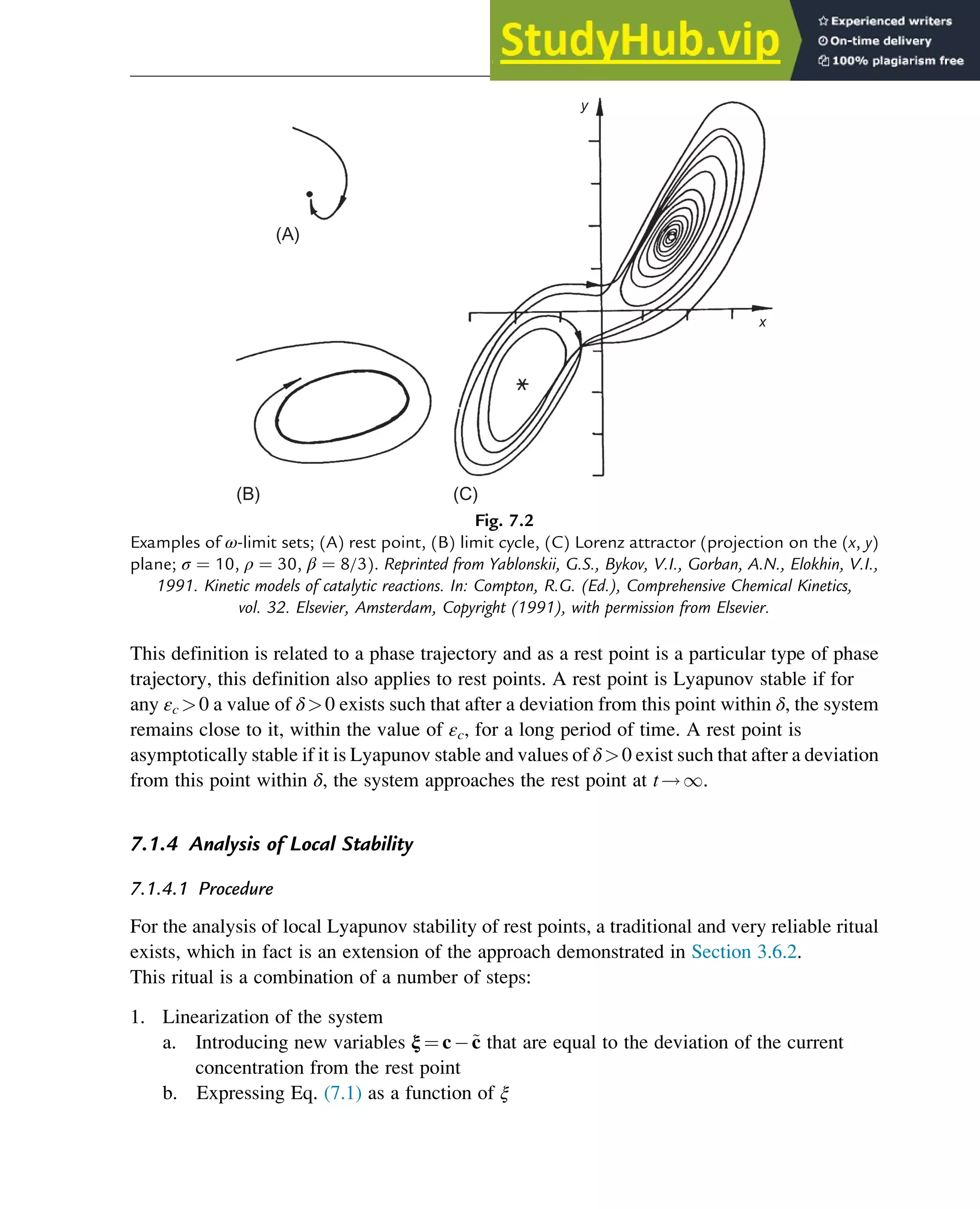 This definition is related to a phase trajectory and as a rest point is a particular type of phase
trajectory, this definition also applies to rest points. A rest point is Lyapunov stable if for
any εc 0 a value of δ0 exists such that after a deviation from this point within δ, the system
remains close to it, within the value of εc, for a long period of time. A rest point is
asymptotically stable if it is Lyapunov stable and values of δ0 exist such that after a deviation
from this point within δ, the system approaches the rest point at t!1.
7.1.4 Analysis of Local Stability
7.1.4.1 Procedure
For the analysis of local Lyapunov stability of rest points, a traditional and very reliable ritual
exists, which in fact is an extension of the approach demonstrated in Section 3.6.2.
This ritual is a combination of a number of steps:
1. Linearization of the system
a. Introducing new variables ξ ¼ c ~
c that are equal to the deviation of the current
concentration from the rest point
b. Expressing Eq. (7.1) as a function of ξ
(A)
(B) (C)
y
x
Fig. 7.2
Examples of ω-limit sets; (A) rest point, (B) limit cycle, (C) Lorenz attractor (projection on the (x, y)
plane; σ ¼ 10, ρ ¼ 30, β ¼ 8/3). Reprinted from Yablonskii, G.S., Bykov, V.I., Gorban, A.N., Elokhin, V.I.,
1991. Kinetic models of catalytic reactions. In: Compton, R.G. (Ed.), Comprehensive Chemical Kinetics,
vol. 32. Elsevier, Amsterdam, Copyright (1991), with permission from Elsevier.
Stability of Chemical Reaction Systems 225
 