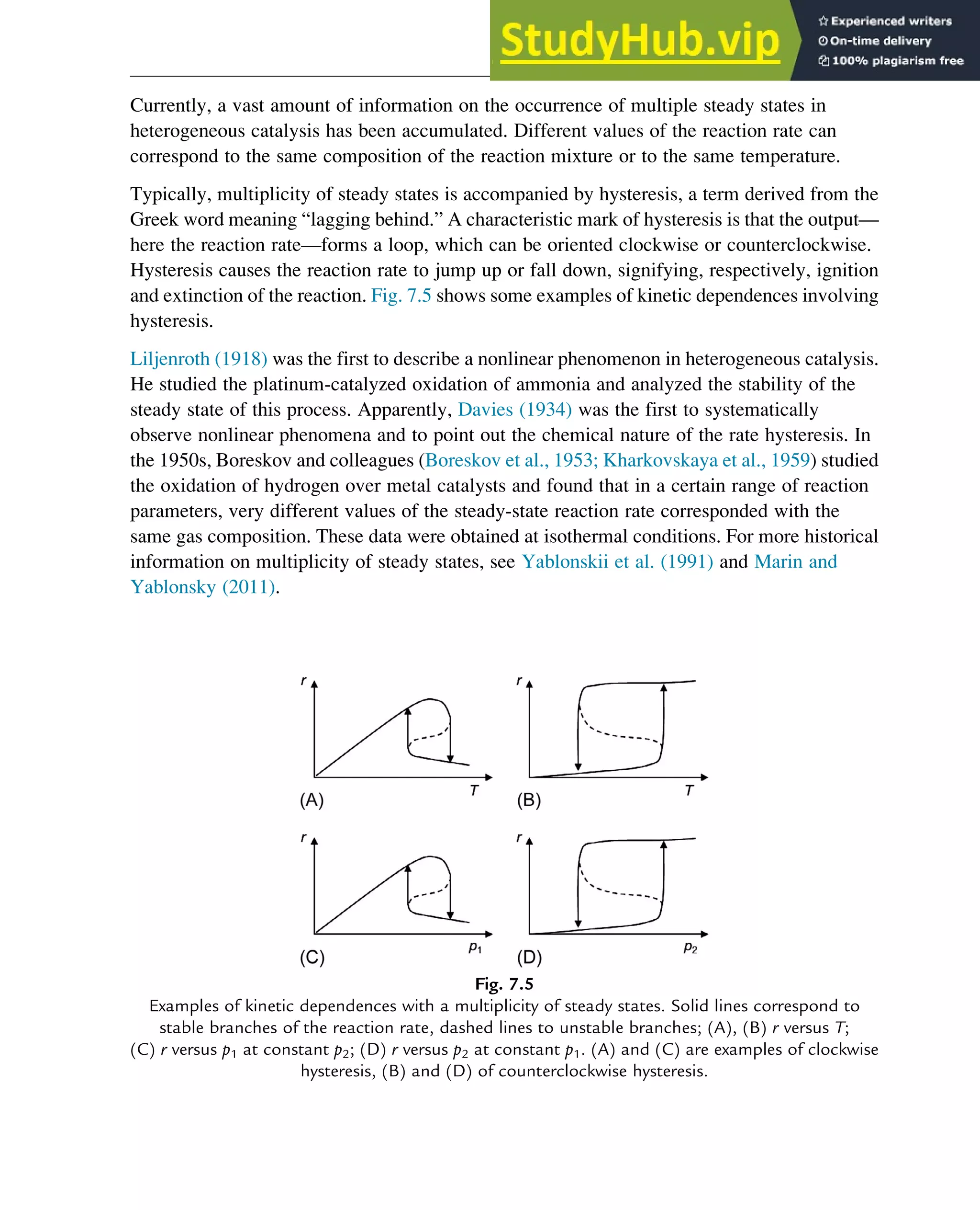 Currently, a vast amount of information on the occurrence of multiple steady states in
heterogeneous catalysis has been accumulated. Different values of the reaction rate can
correspond to the same composition of the reaction mixture or to the same temperature.
Typically, multiplicity of steady states is accompanied by hysteresis, a term derived from the
Greek word meaning “lagging behind.” A characteristic mark of hysteresis is that the output—
here the reaction rate—forms a loop, which can be oriented clockwise or counterclockwise.
Hysteresis causes the reaction rate to jump up or fall down, signifying, respectively, ignition
and extinction of the reaction. Fig. 7.5 shows some examples of kinetic dependences involving
hysteresis.
Liljenroth (1918) was the first to describe a nonlinear phenomenon in heterogeneous catalysis.
He studied the platinum-catalyzed oxidation of ammonia and analyzed the stability of the
steady state of this process. Apparently, Davies (1934) was the first to systematically
observe nonlinear phenomena and to point out the chemical nature of the rate hysteresis. In
the 1950s, Boreskov and colleagues (Boreskov et al., 1953; Kharkovskaya et al., 1959) studied
the oxidation of hydrogen over metal catalysts and found that in a certain range of reaction
parameters, very different values of the steady-state reaction rate corresponded with the
same gas composition. These data were obtained at isothermal conditions. For more historical
information on multiplicity of steady states, see Yablonskii et al. (1991) and Marin and
Yablonsky (2011).
Fig. 7.5
Examples of kinetic dependences with a multiplicity of steady states. Solid lines correspond to
stable branches of the reaction rate, dashed lines to unstable branches; (A), (B) r versus T;
(C) r versus p1 at constant p2; (D) r versus p2 at constant p1. (A) and (C) are examples of clockwise
hysteresis, (B) and (D) of counterclockwise hysteresis.
Stability of Chemical Reaction Systems 243
 