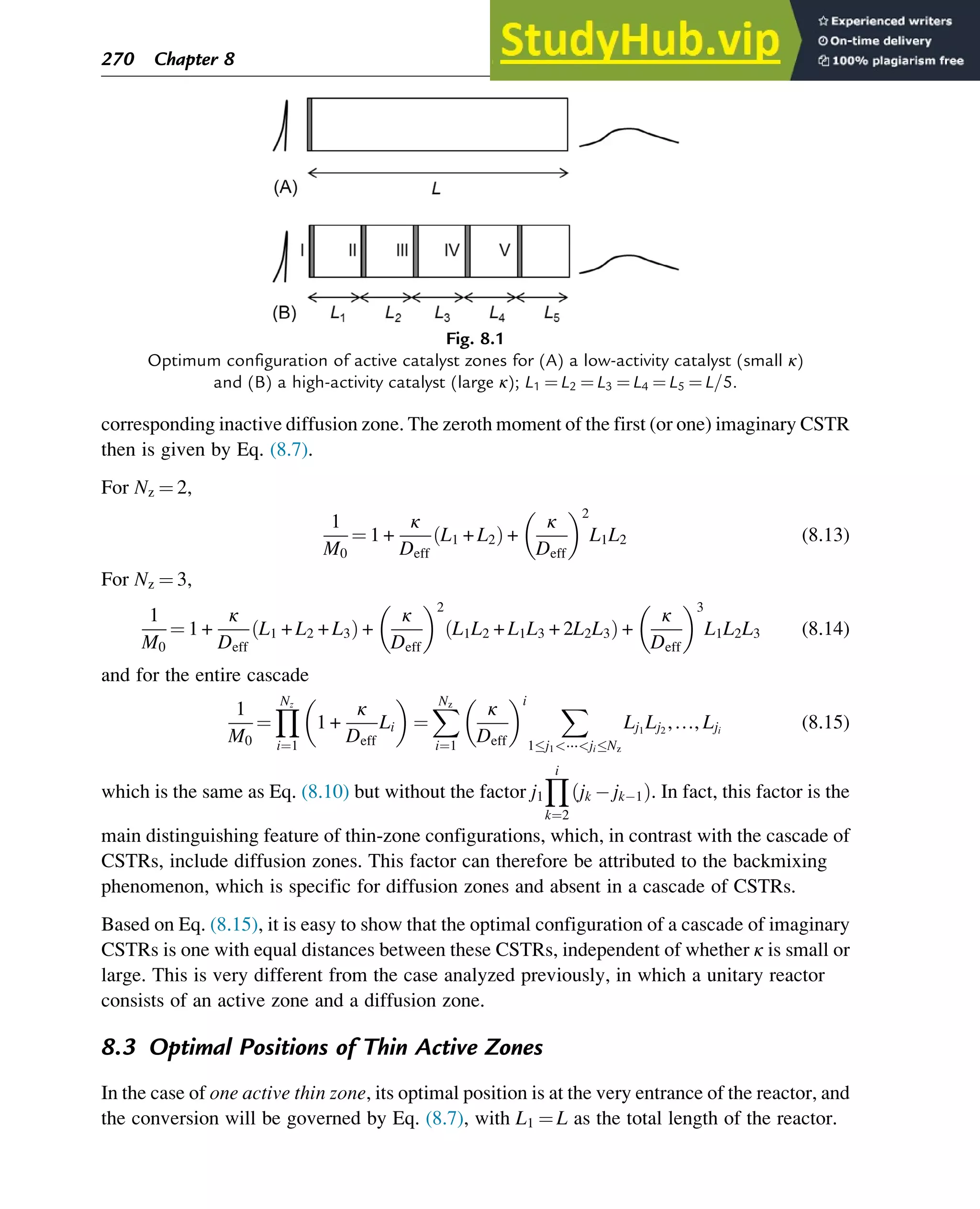 corresponding inactive diffusion zone. The zeroth moment of the first (or one) imaginary CSTR
then is given by Eq. (8.7).
For Nz ¼ 2,
1
M0
¼ 1 +
κ
Deff
L1 + L2
ð Þ +
κ
Deff
 2
L1L2 (8.13)
For Nz ¼ 3,
1
M0
¼ 1 +
κ
Deff
L1 + L2 + L3
ð Þ +
κ
Deff
 2
L1L2 + L1L3 + 2L2L3
ð Þ +
κ
Deff
 3
L1L2L3 (8.14)
and for the entire cascade
1
M0
¼
Y
Nz
i¼1
1 +
κ
Deff
Li
 
¼
X
Nz
i¼1
κ
Deff
 i X
1j1⋯jiNz
Lj1
Lj2
,…, Lji
(8.15)
which is the same as Eq. (8.10) but without the factor j1
Y
i
k¼2
jk jk 1
ð Þ. In fact, this factor is the
main distinguishing feature of thin-zone configurations, which, in contrast with the cascade of
CSTRs, include diffusion zones. This factor can therefore be attributed to the backmixing
phenomenon, which is specific for diffusion zones and absent in a cascade of CSTRs.
Based on Eq. (8.15), it is easy to show that the optimal configuration of a cascade of imaginary
CSTRs is one with equal distances between these CSTRs, independent of whether κ is small or
large. This is very different from the case analyzed previously, in which a unitary reactor
consists of an active zone and a diffusion zone.
8.3 Optimal Positions of Thin Active Zones
In the case of one active thin zone, its optimal position is at the very entrance of the reactor, and
the conversion will be governed by Eq. (8.7), with L1 ¼ L as the total length of the reactor.
Fig. 8.1
Optimum configuration of active catalyst zones for (A) a low-activity catalyst (small κ)
and (B) a high-activity catalyst (large κ); L1 ¼ L2 ¼ L3 ¼ L4 ¼ L5 ¼ L=5.
270 Chapter 8
 