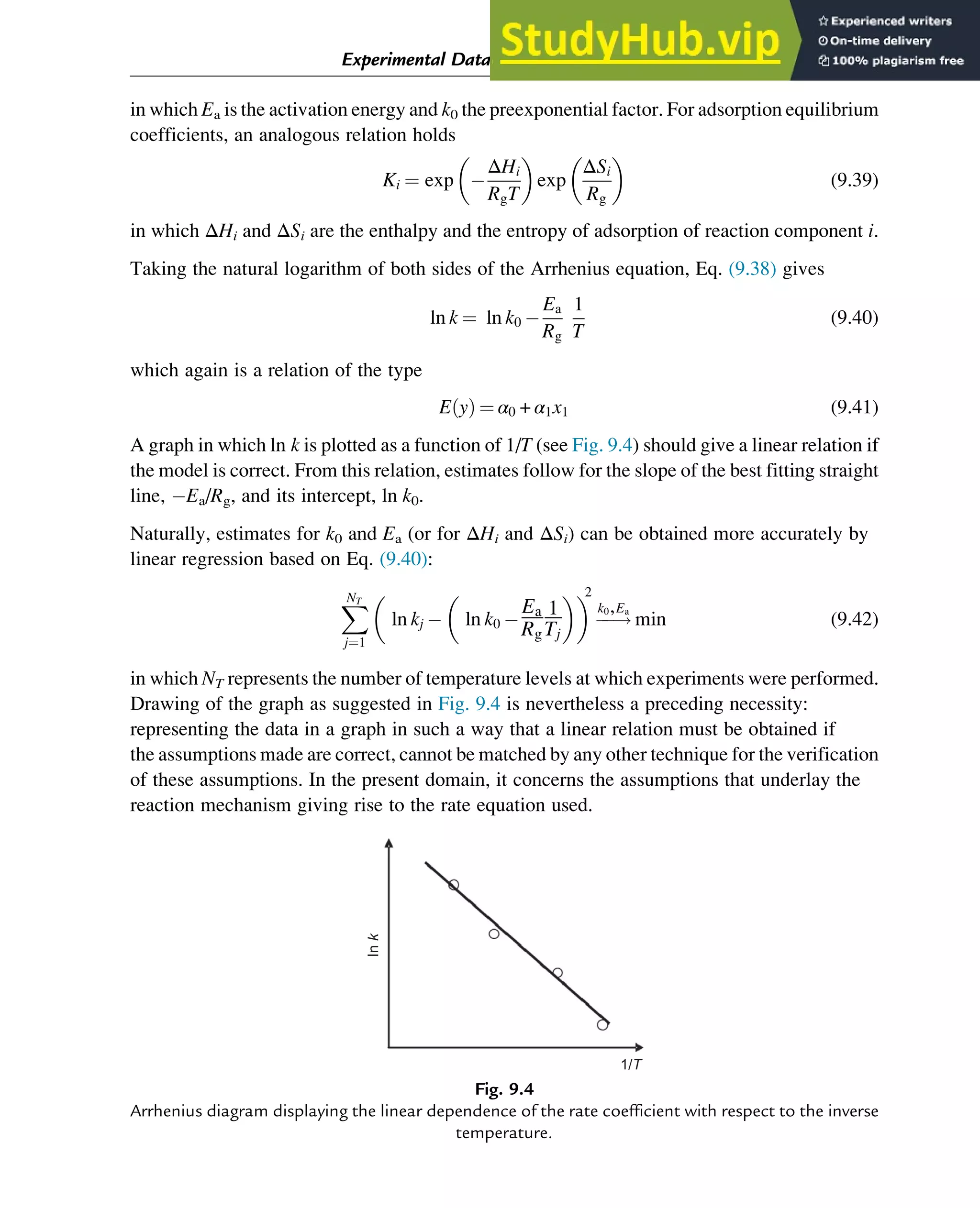 in which Ea is the activation energy and k0 the preexponential factor. For adsorption equilibrium
coefficients, an analogous relation holds
Ki ¼ exp 
ΔHi
RgT
 
exp
ΔSi
Rg
 
(9.39)
in which ΔHi and ΔSi are the enthalpy and the entropy of adsorption of reaction component i.
Taking the natural logarithm of both sides of the Arrhenius equation, Eq. (9.38) gives
ln k ¼ ln k0 
Ea
Rg
1
T
(9.40)
which again is a relation of the type
E y
ð Þ ¼ α0 + α1x1 (9.41)
A graph in which ln k is plotted as a function of 1/T (see Fig. 9.4) should give a linear relation if
the model is correct. From this relation, estimates follow for the slope of the best fitting straight
line, Ea/Rg, and its intercept, ln k0.
Naturally, estimates for k0 and Ea (or for ΔHi and ΔSi) can be obtained more accurately by
linear regression based on Eq. (9.40):
X
NT
j¼1
ln kj  ln k0 
Ea
Rg
1
Tj
 
 
2
!
k0,Ea
min (9.42)
in which NT represents the number of temperature levels at which experiments were performed.
Drawing of the graph as suggested in Fig. 9.4 is nevertheless a preceding necessity:
representing the data in a graph in such a way that a linear relation must be obtained if
the assumptions made are correct, cannot be matched by any other technique for the verification
of these assumptions. In the present domain, it concerns the assumptions that underlay the
reaction mechanism giving rise to the rate equation used.
1/T
In
k
Fig. 9.4
Arrhenius diagram displaying the linear dependence of the rate coefficient with respect to the inverse
temperature.
Experimental Data Analysis: Data Processing and Regression 295
 