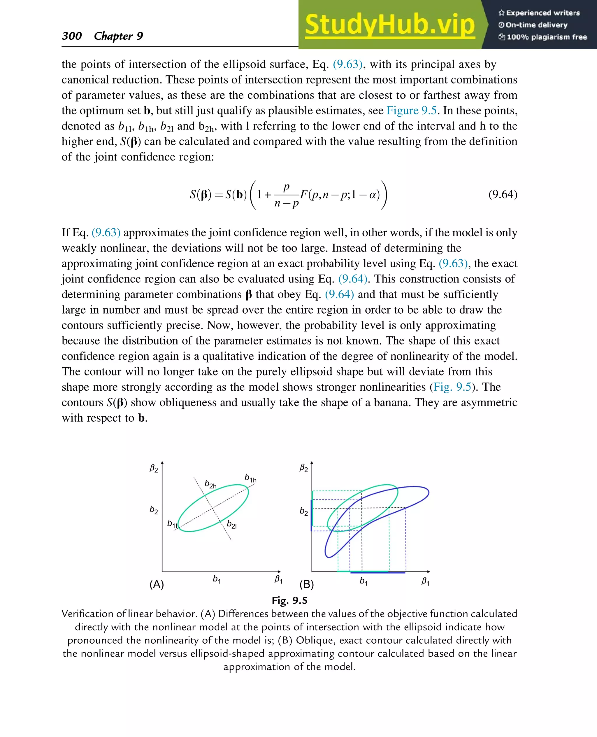 the points of intersection of the ellipsoid surface, Eq. (9.63), with its principal axes by
canonical reduction. These points of intersection represent the most important combinations
of parameter values, as these are the combinations that are closest to or farthest away from
the optimum set b, but still just qualify as plausible estimates, see Figure 9.5. In these points,
denoted as b1l, b1h, b2l and b2h, with l referring to the lower end of the interval and h to the
higher end, S(β) can be calculated and compared with the value resulting from the definition
of the joint confidence region:
S β
ð Þ ¼ S b
ð Þ 1 +
p
np
F p,np;1α
ð Þ
 
(9.64)
If Eq. (9.63) approximates the joint confidence region well, in other words, if the model is only
weakly nonlinear, the deviations will not be too large. Instead of determining the
approximating joint confidence region at an exact probability level using Eq. (9.63), the exact
joint confidence region can also be evaluated using Eq. (9.64). This construction consists of
determining parameter combinations β that obey Eq. (9.64) and that must be sufficiently
large in number and must be spread over the entire region in order to be able to draw the
contours sufficiently precise. Now, however, the probability level is only approximating
because the distribution of the parameter estimates is not known. The shape of this exact
confidence region again is a qualitative indication of the degree of nonlinearity of the model.
The contour will no longer take on the purely ellipsoid shape but will deviate from this
shape more strongly according as the model shows stronger nonlinearities (Fig. 9.5). The
contours S(β) show obliqueness and usually take the shape of a banana. They are asymmetric
with respect to b.
b1
b2
b2
b1
(A) (B)
b1
b2
b1
b2
b1l b2l
b2h
b1h
Fig. 9.5
Verification of linear behavior. (A) Differences between the values of the objective function calculated
directly with the nonlinear model at the points of intersection with the ellipsoid indicate how
pronounced the nonlinearity of the model is; (B) Oblique, exact contour calculated directly with
the nonlinear model versus ellipsoid-shaped approximating contour calculated based on the linear
approximation of the model.
300 Chapter 9
 