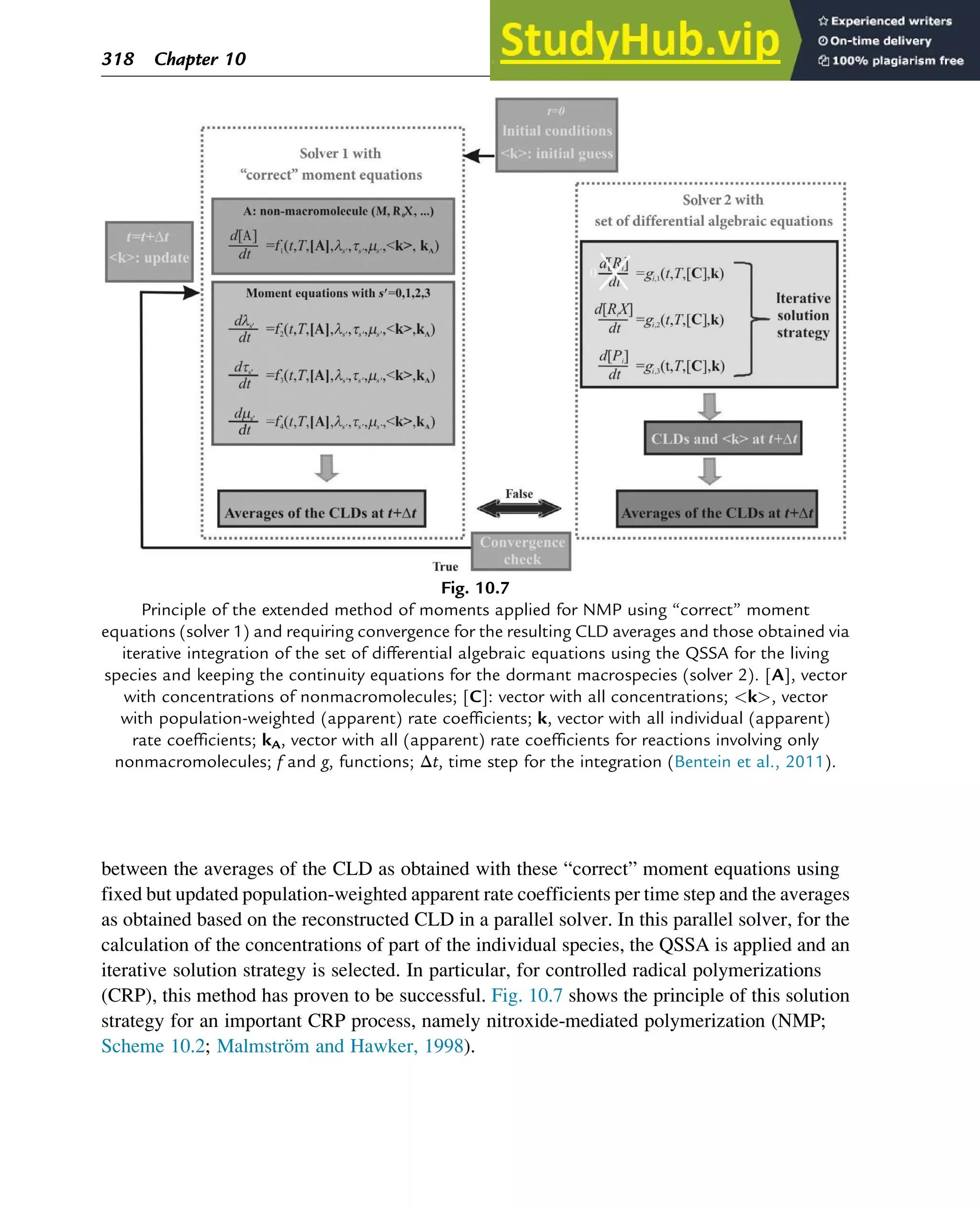 between the averages of the CLD as obtained with these “correct” moment equations using
fixed but updated population-weighted apparent rate coefficients per time step and the averages
as obtained based on the reconstructed CLD in a parallel solver. In this parallel solver, for the
calculation of the concentrations of part of the individual species, the QSSA is applied and an
iterative solution strategy is selected. In particular, for controlled radical polymerizations
(CRP), this method has proven to be successful. Fig. 10.7 shows the principle of this solution
strategy for an important CRP process, namely nitroxide-mediated polymerization (NMP;
Scheme 10.2; Malmström and Hawker, 1998).
Fig. 10.7
Principle of the extended method of moments applied for NMP using “correct” moment
equations (solver 1) and requiring convergence for the resulting CLD averages and those obtained via
iterative integration of the set of differential algebraic equations using the QSSA for the living
species and keeping the continuity equations for the dormant macrospecies (solver 2). [A], vector
with concentrations of nonmacromolecules; [C]: vector with all concentrations; k, vector
with population-weighted (apparent) rate coefficients; k, vector with all individual (apparent)
rate coefficients; kA, vector with all (apparent) rate coefficients for reactions involving only
nonmacromolecules; f and g, functions; Δt, time step for the integration (Bentein et al., 2011).
318 Chapter 10
 